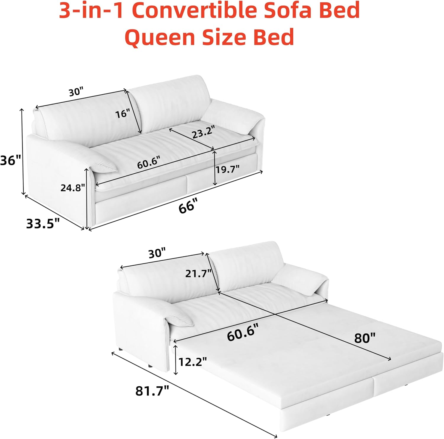 66'' Velvet Queen Size Pull Out Sofa Bed, 3-in-1 Convertible Loveseat Sleeper Sofa with Armrest for Living Room, Apartment, Space Saving, Black