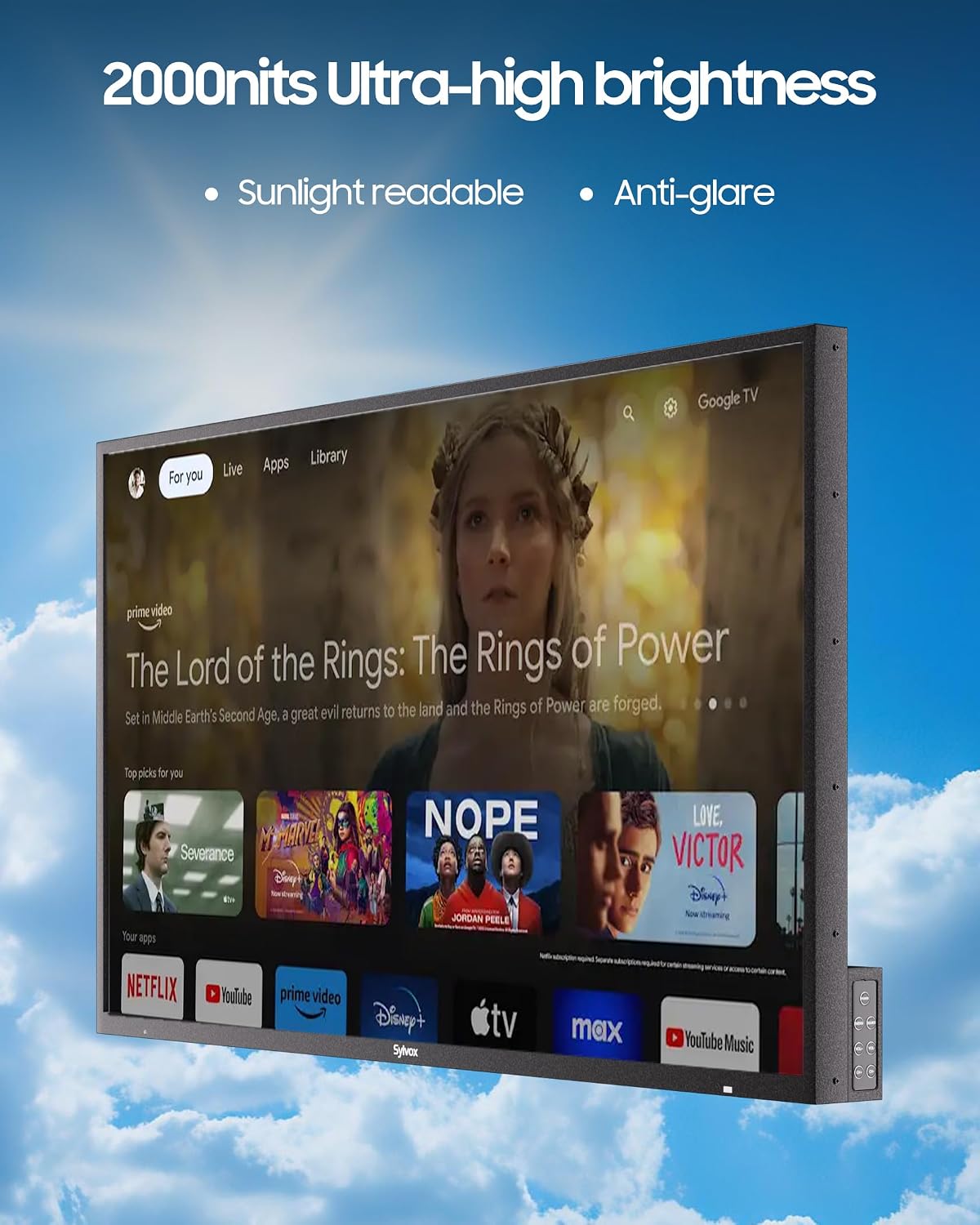 SYLVOX Outdoor TV with Wall Mount & Cover, 65 inch 2000 Nit Full Sun Smart TVs, Sunlight Readable, IP56 Waterproof, 4K TV for Outdoor Households or Commercial Places