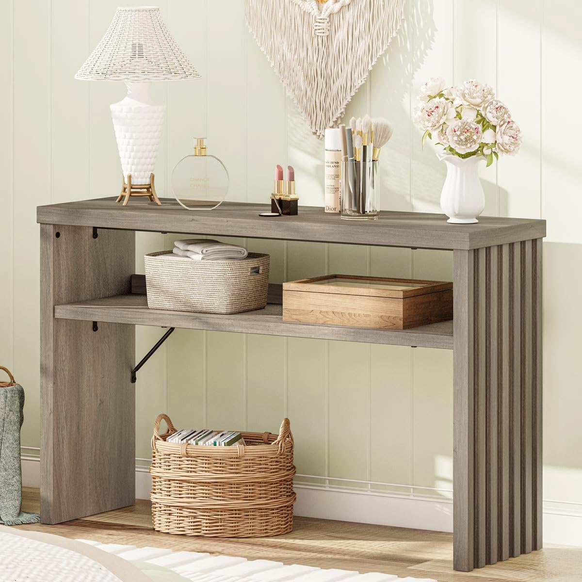 BON AUGURE Sofa Console Table, Wood Entryway Table, Grey Behind Couch Tables with Open Storage, Modern Narrow Hallway Tables (Greige Oak, 47 Inches)