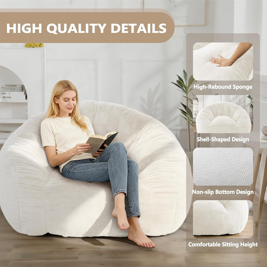 Bean Bag Chair for Adults, Soft Faux Fur Giant Beanbag Chairs, Oversized Cozy Bean Bag Couch Large Reading Chair, Comfy Bean Bag Sofa for Living Room, Bedroom & Dorm, Beige