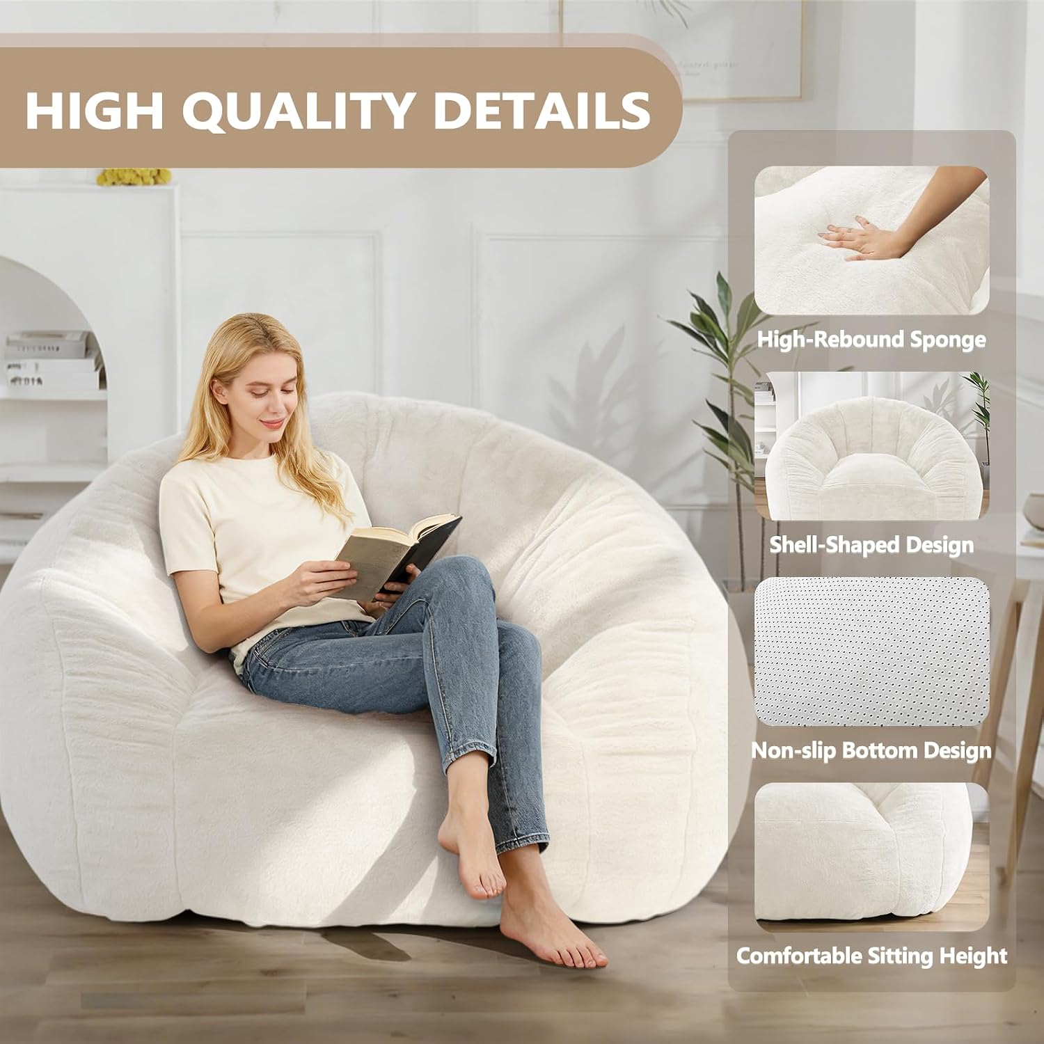 Bean Bag Chair for Adults, Soft Faux Fur Giant Beanbag Chairs, Oversized Cozy Bean Bag Couch Large Reading Chair, Comfy Bean Bag Sofa for Living Room, Bedroom & Dorm, Beige