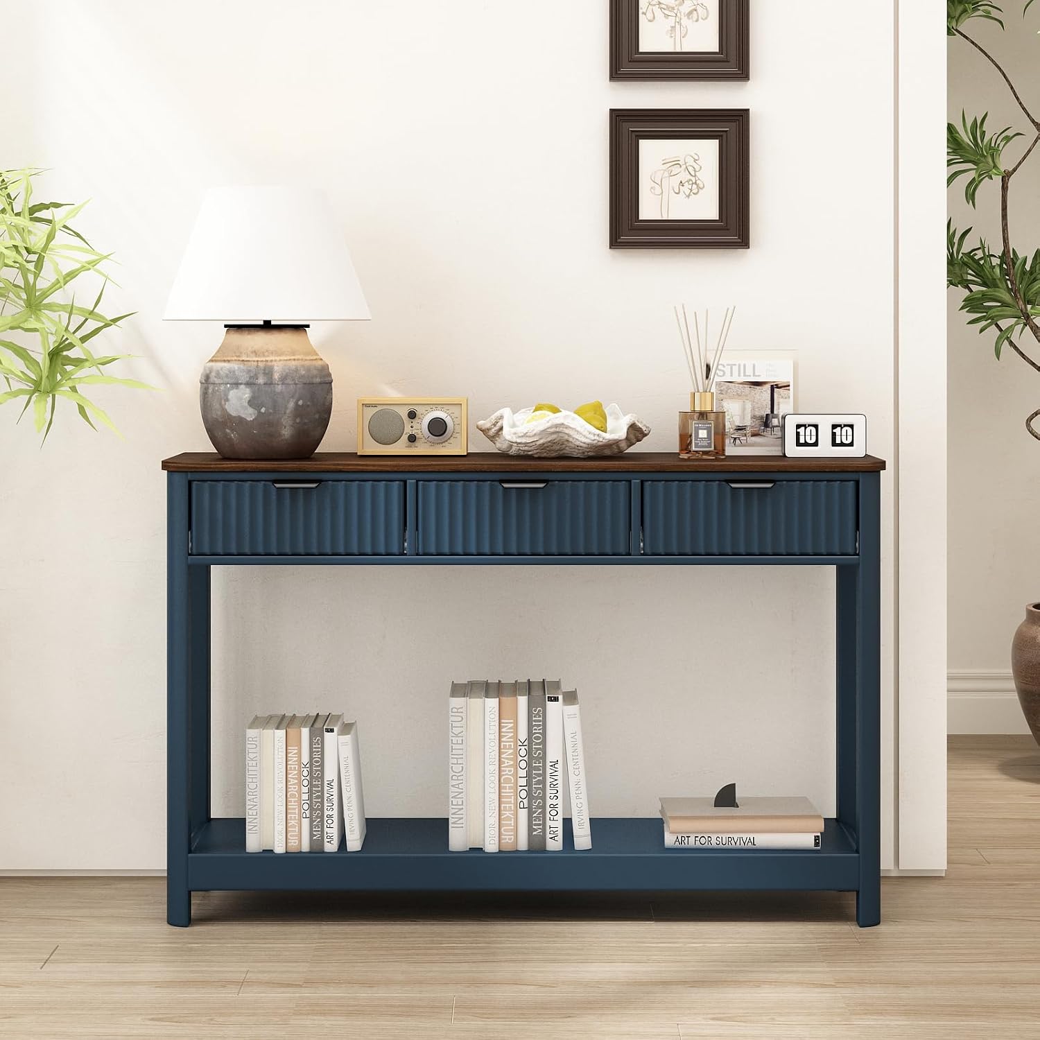 RUSTOWN Fluted Wood Console Table with 3 Drawers, 47.2' Modern Farmhouse Sofa Table & Entryway Table with Open Storage Shelf, Narrow Hallway Table for Living Room, Foyer and Hallway (Navy Blue)