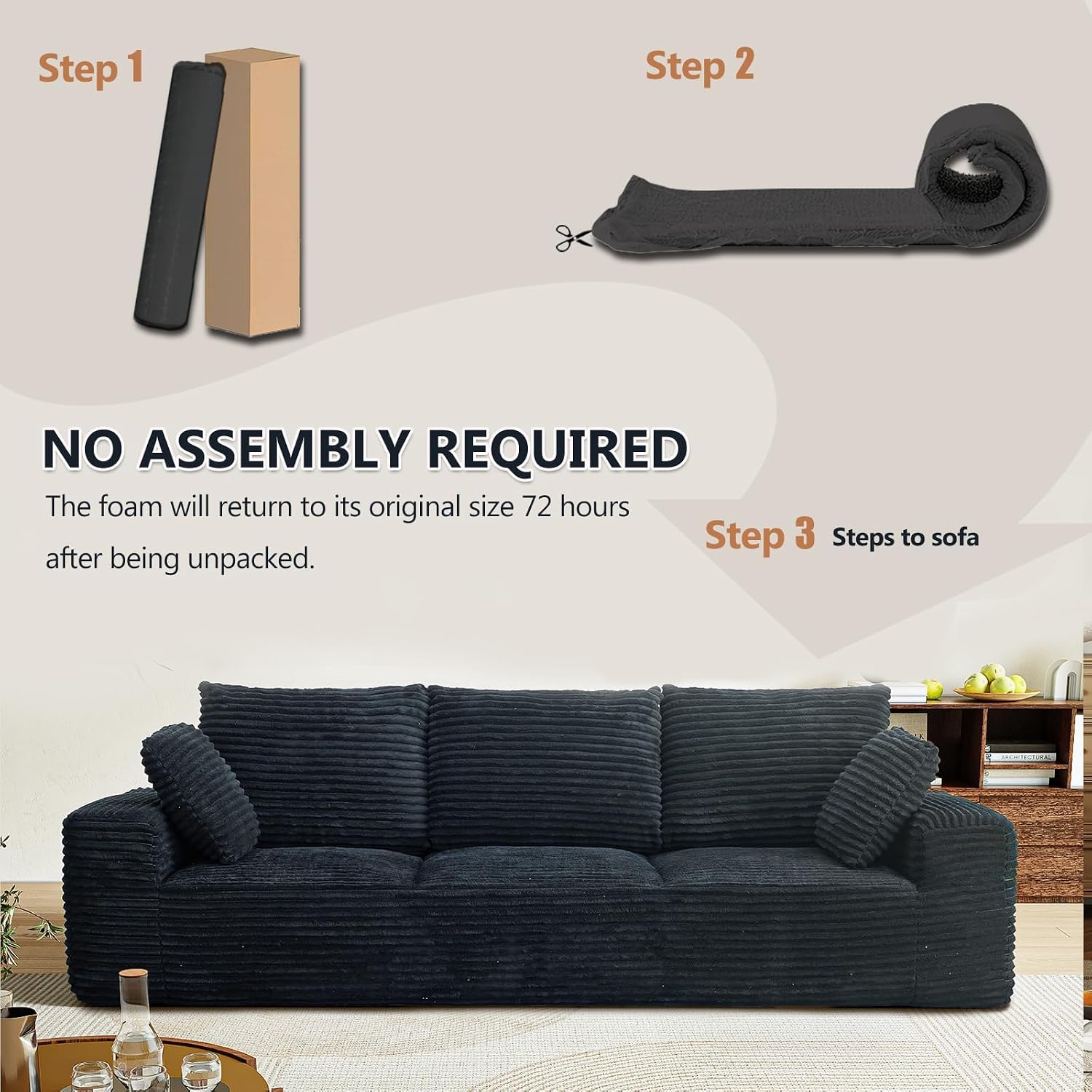 104.3' Modular Sectional Cloud Couch, Boneless Couches for Living Room, 3 Seater Modern Lounge Couch, No Assembly Required, Black