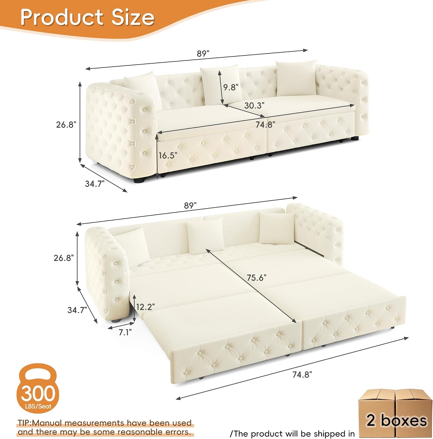 89' King Size Sleeper Sofa Bed, 3-in-1 Convertible Pull Out Chesterfield Sleeper Couch, Oversized Velvet Button Tufted Loveseat Sofa for Living Room Small Spaces, Beige White
