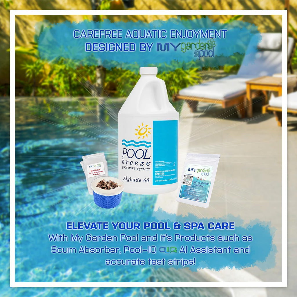 Pool Breeze Algicide 60 88421 – 1 Gal – Long Lasting Algae Control – with My Garden Pool 7 in 1 Test Strips & Scum Socks