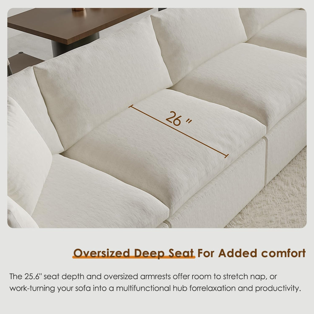 130' Oversized Boneless Cloud Couch, Modular Sectional Couches for Living Room, L-Shaped with Deep Seats, No Assembly Required, 4-Seater Washable Fabric Sleeper Sofa, White