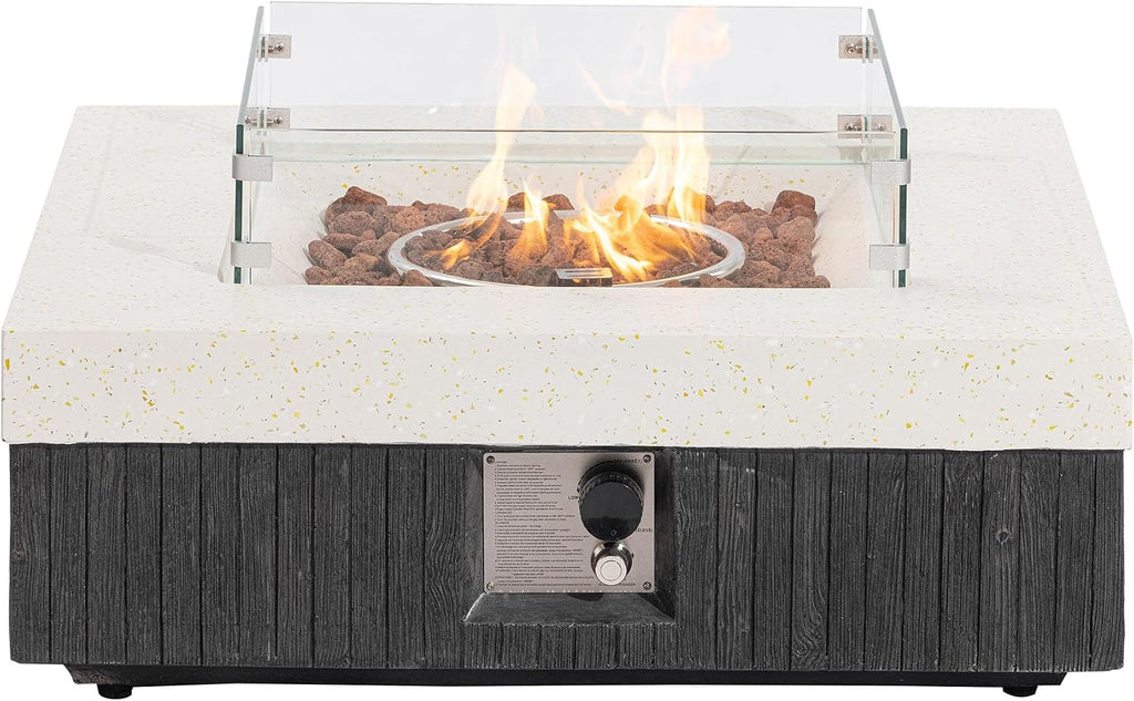 COSIEST 35' Outdoor Propane Fire Pit Table w Tank Cover & Wind Guard, Square Gas Fire Pit Table with Concrete & Wood Grain Design, 50000BTU Fire Tables for Patio, Backyard, Garden