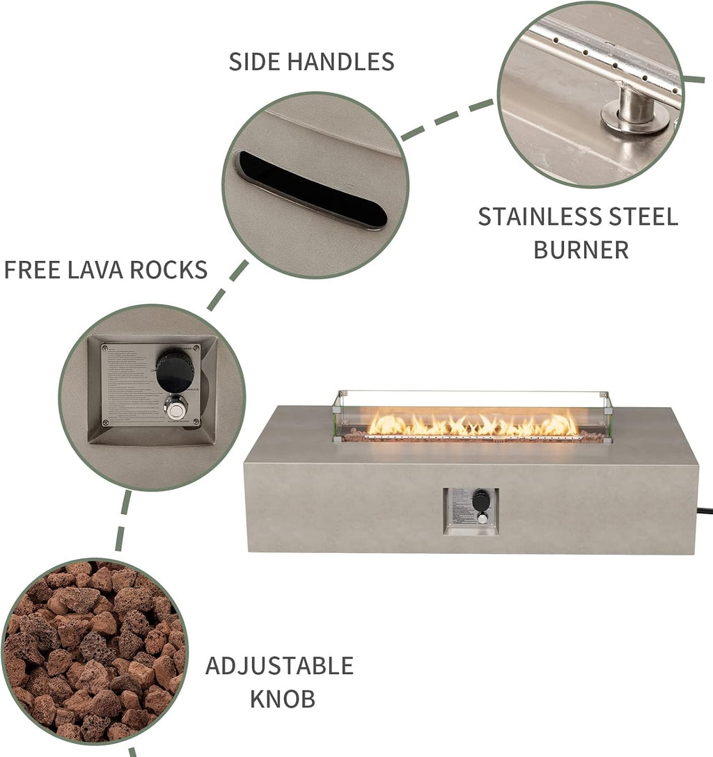 COSIEST 2-Piece Outdoor Propane Fire Table Set, Rectangle Concrete 56' x 28' Gray Fire Pit (Certified, 50,000 BTU) w 20lb Tank Table, Wind Guard, Waterproof Cover for Garden, Porch, Backyard