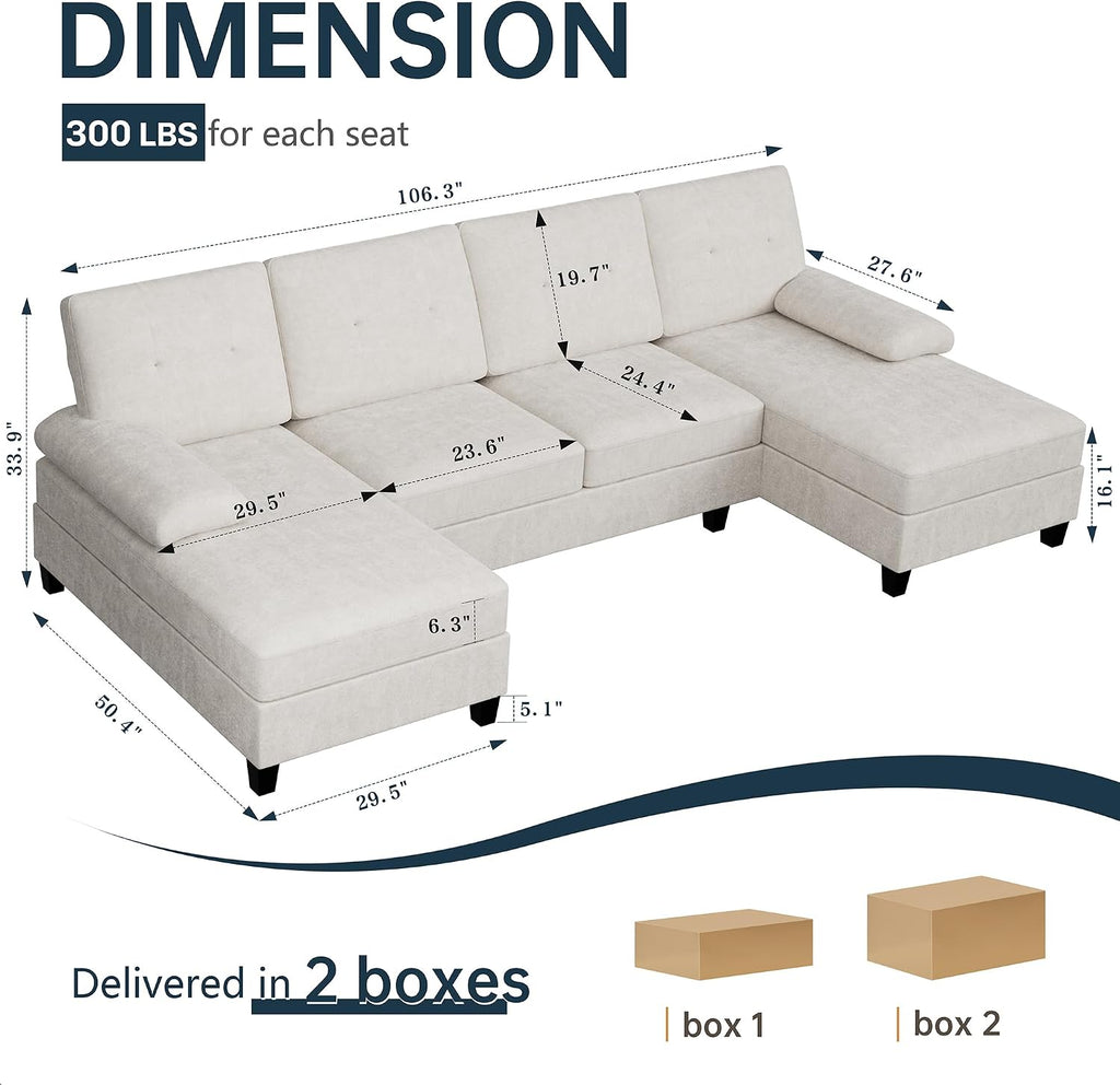 106' U Shaped Sectional Sofa for Living Room, 4-Seat Fabric Couch with Double Chaise Longue, Comfortable Large Sectional with 300lbs Capacity per Seat for Apartment & Home, Pure White