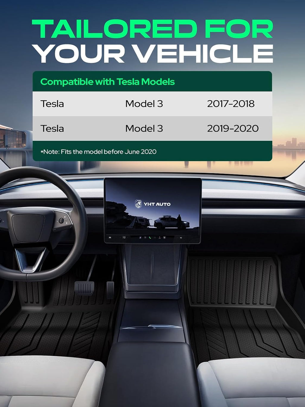 YHTAUTO for Tesla Model 3 Floor Mats 2020 2019 2018 2017 (Before June 2020), All Weather TPE Car Mats, Front Rear Trunk Mat Cargo Liner Storage Mat, Anti-Slip Waterproof Odorless, Set of 6