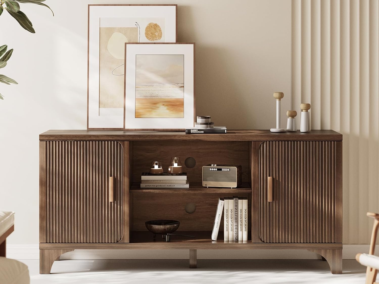Tall Mid Century Modern TV Stands for 55/60/65 Inch TV Boho Media Console for Living Room Fluted TV Entertainment Center with Storage Wood Television Cabinet for Bedroom