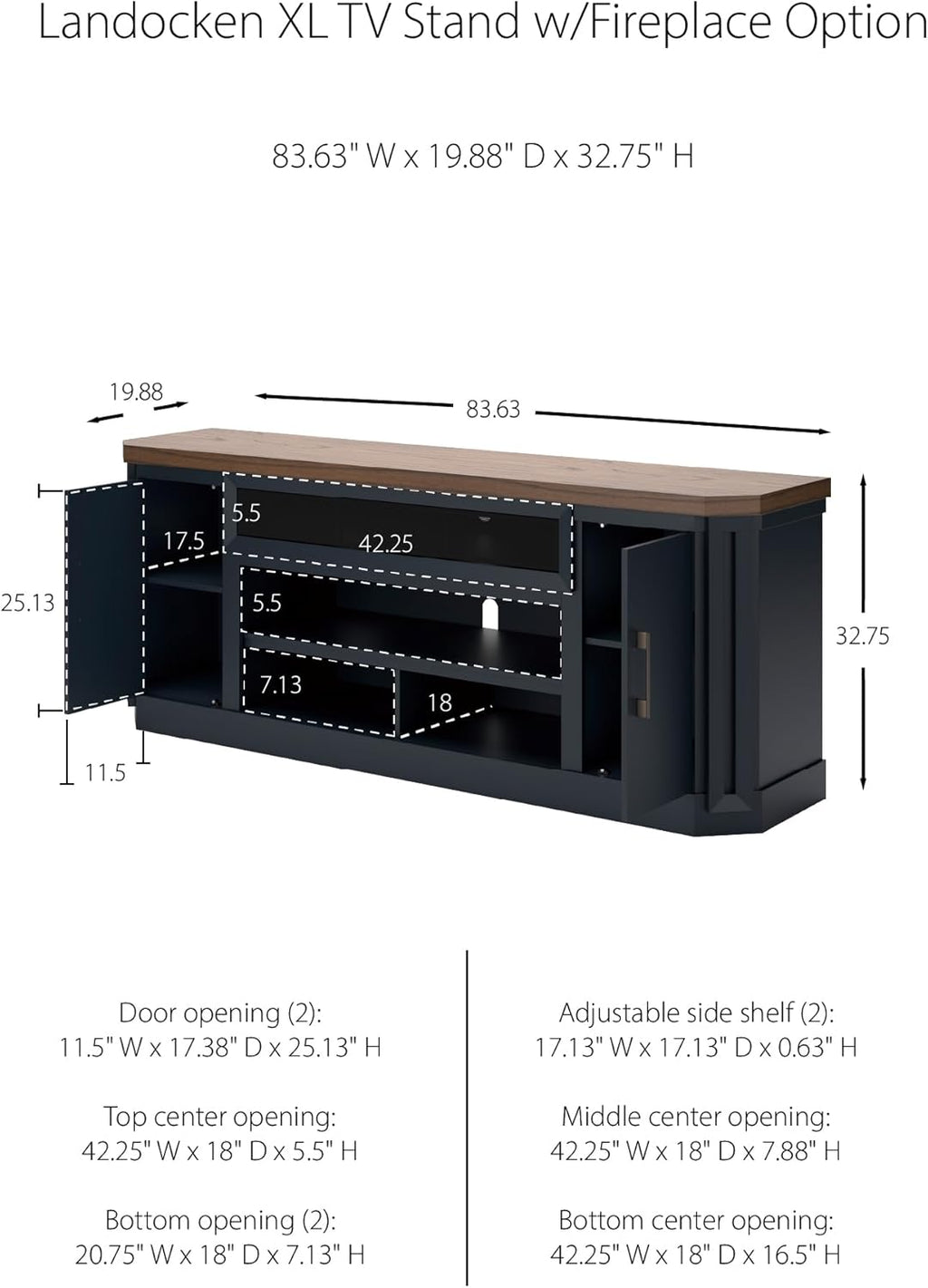 Signature Design by Ashley Landocken Contemporary 83' TV Stand for TVs up to 95' with Fireplace Option, 2 Cabinets, 2 Doors, 2 Adjustable Shelves, Open Cubbies and Cord Openings, Dark Brown & Blue