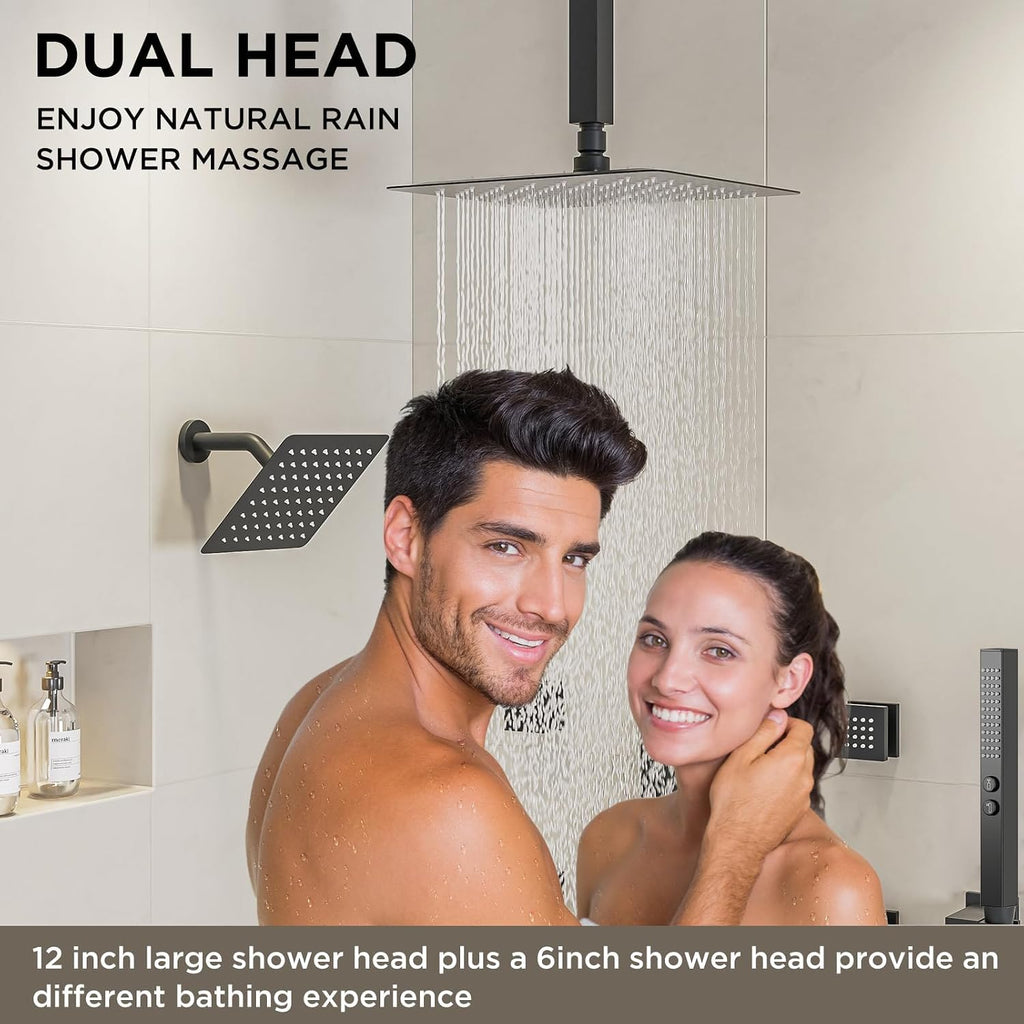 Shower System with Body Jets Matte Black, STARBATH 4 Way 12+6' Shower Faucet Sets Complete with 2 in 1 Handheld,Ceiling Mounted Rainfall Dual Shower Head with 4 Body Spray Jets, Shower Jets System