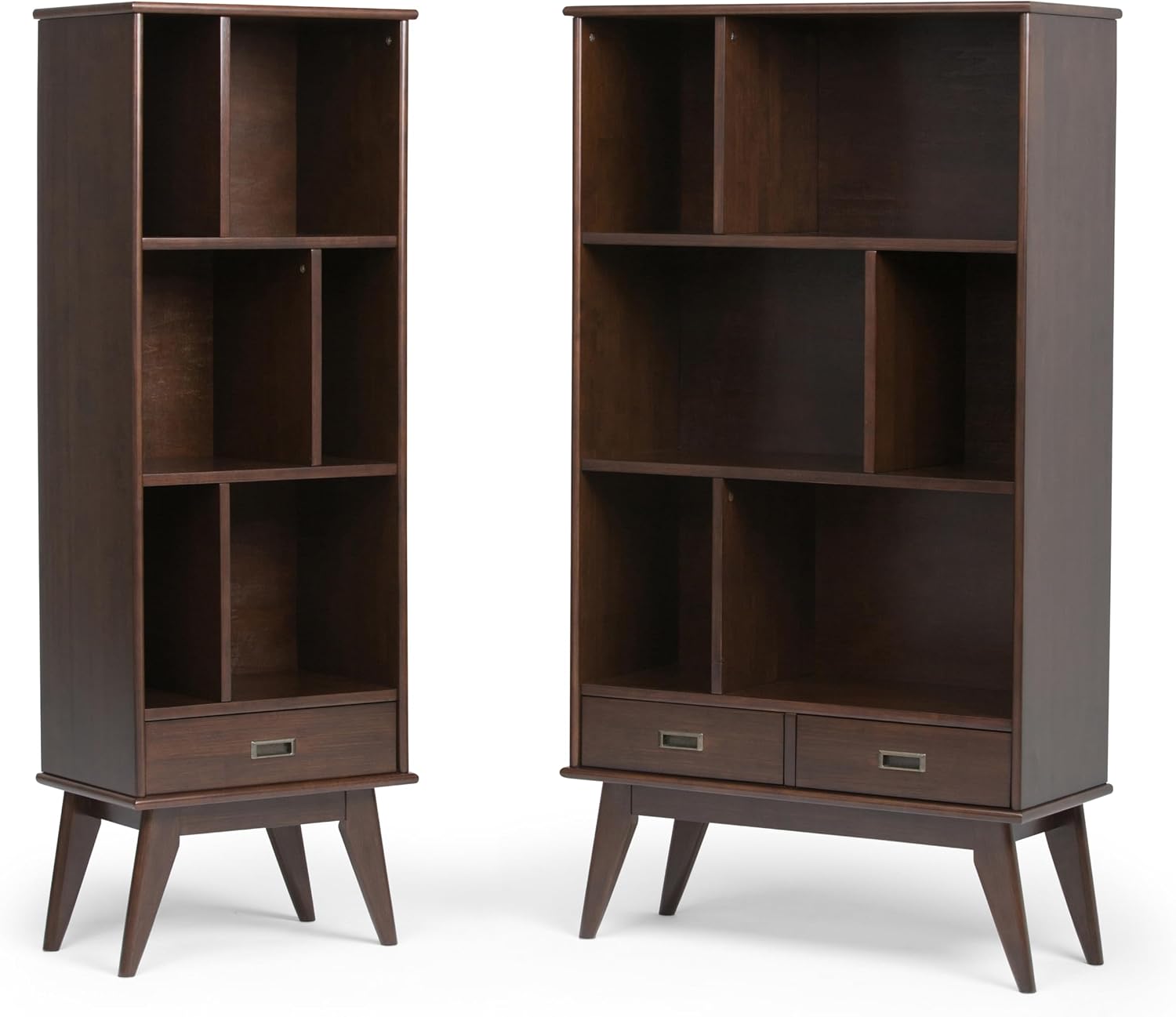 SIMPLIHOME Draper Bookcase - 64 inch Tall Solid Wood Wide Storage Bookshelf in Medium Auburn Brown, Mid-Century Modern Storage for Living Room or Office with Adjustable Shelves and Tapered Legs
