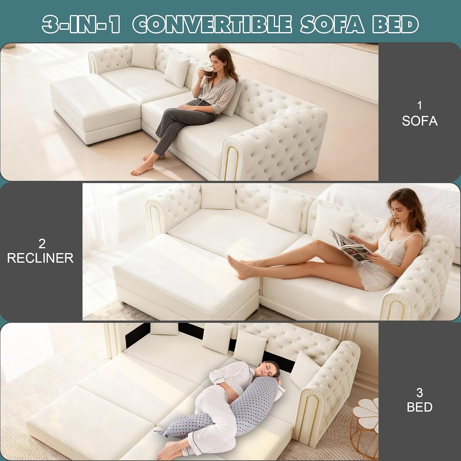 90.6' King Size Sleeper Sofa Bed, 3-in-1 Convertible Foldable Chesterfield Floor Couch with Ottoman, Oversized Velvet Button Tufted L Shaped Sofa for Living Room Small Spaces, Beige White