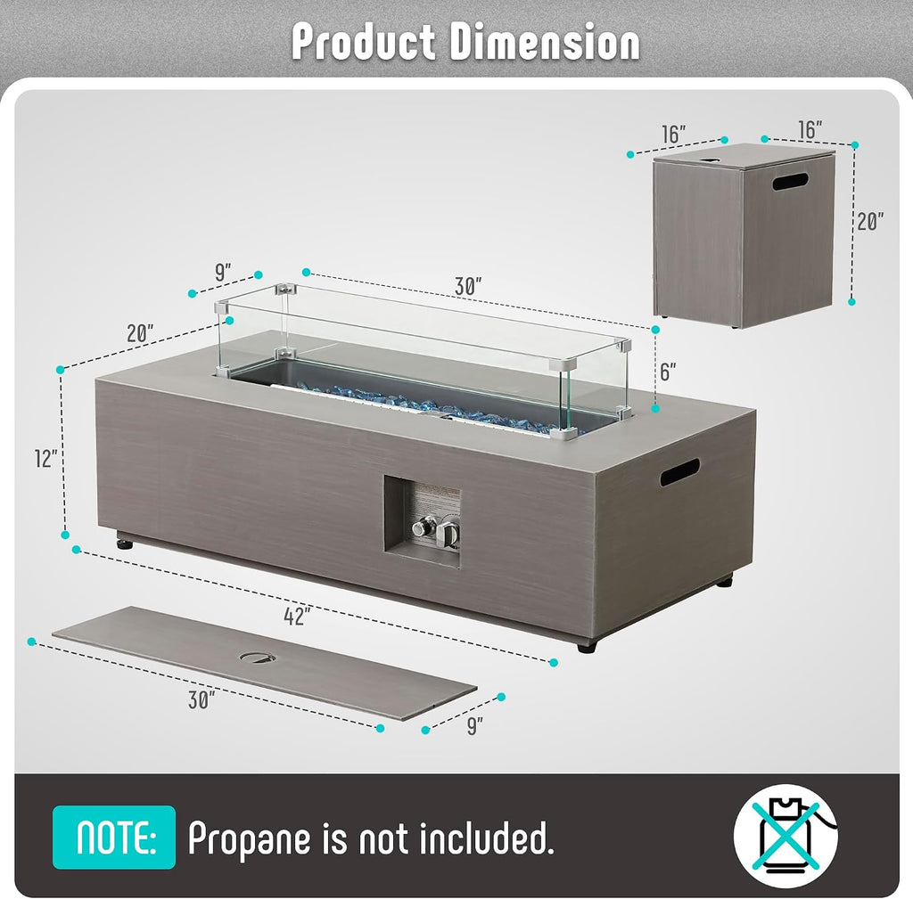 Werph 42'' Propane Fire Pit Table Set with Tank Holder, CSA Certifed 50,000 BTU Outdoor Firepit Table, Wind Guard & Glass Stones, Smoke-Free Rectangular Fire Table for Garden Porch Backyard