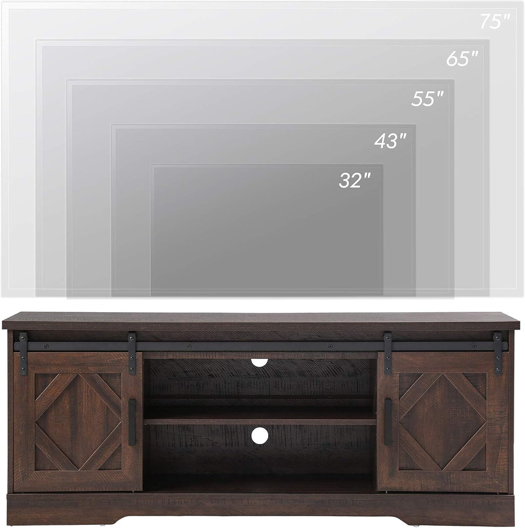 WAMPAT Modern Farmhouse TV Stand for TVs up to 65' with Sliding Barn Doors, 23.6' H Wood Entertainment Center with Adjustable Media Storage Shelf for Living Room, Dark Walnut Brown