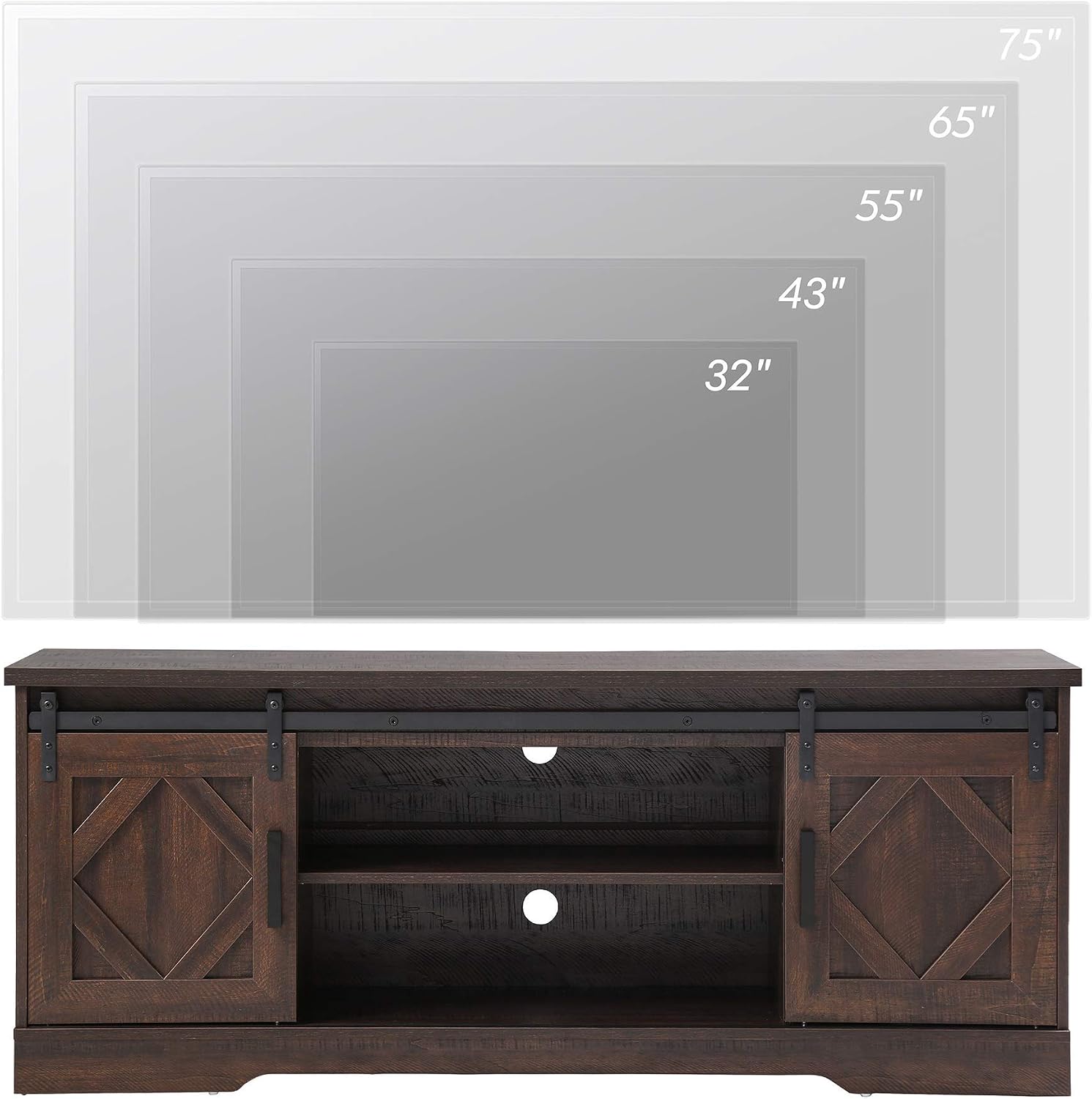 WAMPAT Modern Farmhouse TV Stand for TVs up to 65' with Sliding Barn Doors, 23.6' H Wood Entertainment Center with Adjustable Media Storage Shelf for Living Room, Dark Walnut Brown
