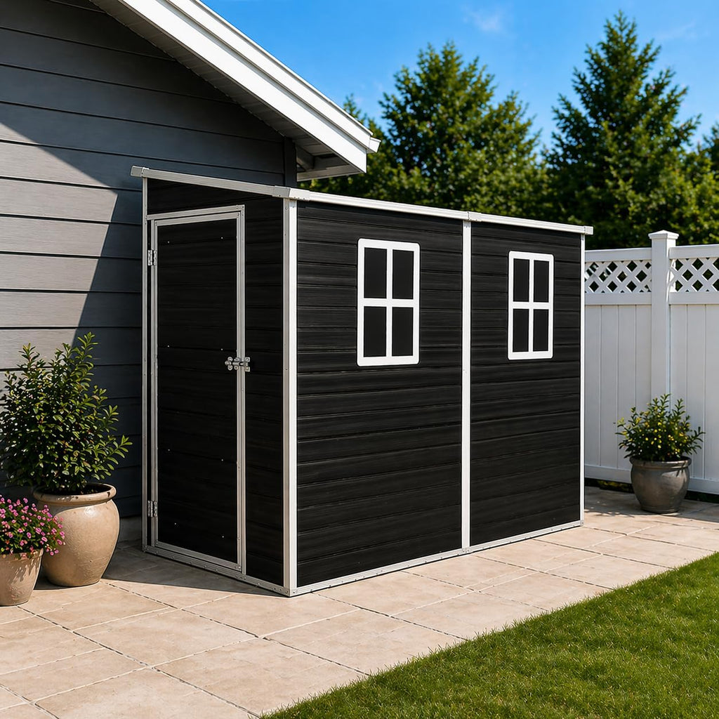 JT 4 x 8 FT Resin Storage Shed, Waterproof Garden Shed with Floor, 2 Windows, Lockable Door and Vent, Outdoor Sheds for Backyard,Tools and Lawn Mower (Black)