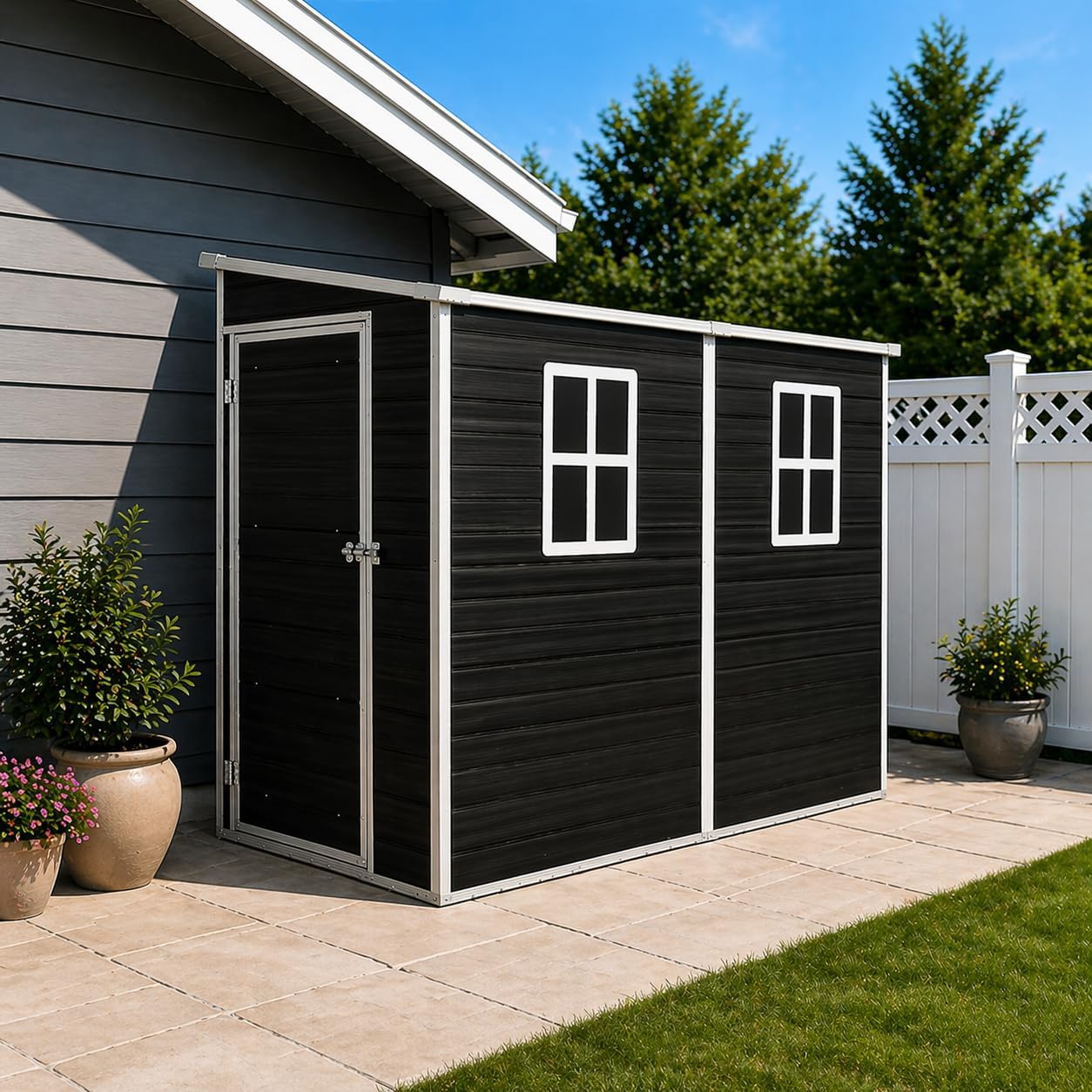 JT 4 x 8 FT Resin Storage Shed, Waterproof Garden Shed with Floor, 2 Windows, Lockable Door and Vent, Outdoor Sheds for Backyard,Tools and Lawn Mower (Black)