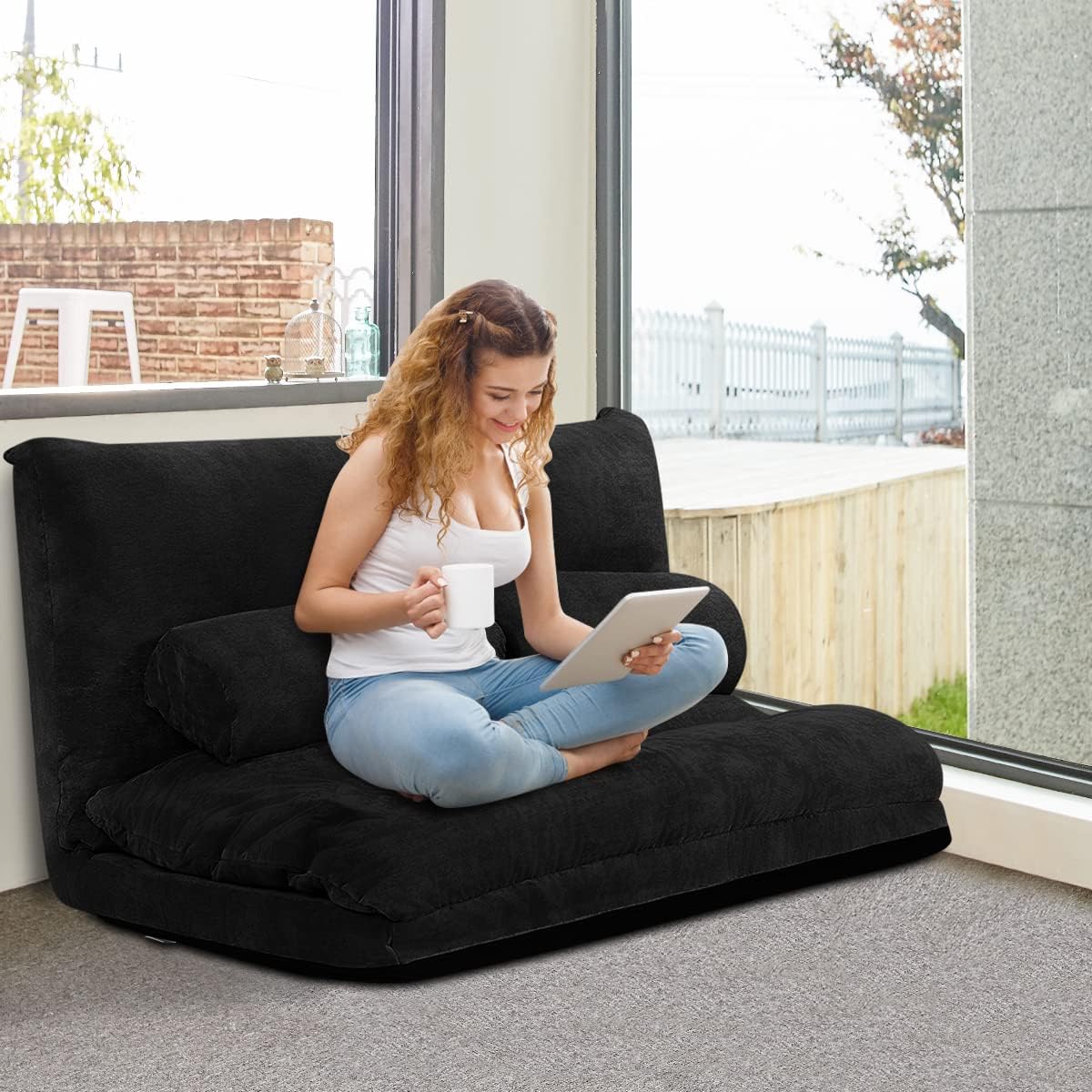 Giantex Adjustable Floor Sofa Couch with 2 Pillows, Multi-Functional 6-Position Foldable Lazy Sofa Sleeper Bed, Multi-Functional Suede Floor Seating for Reading Gaming (Black)