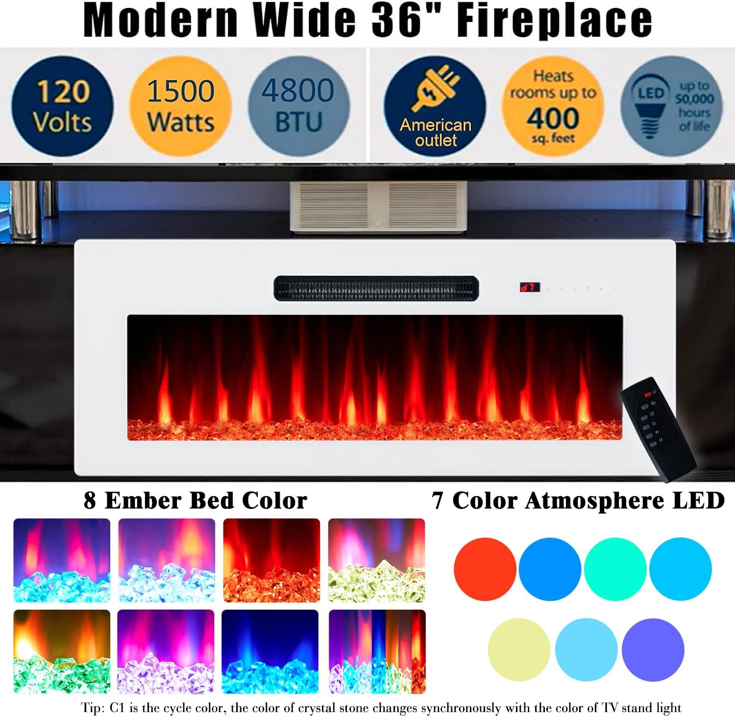 AMERLIFE Fireplace TV Stand with 36' White Fireplace, 70' Modern Fireplace Entertainment Center LED Lights, 2 Tier TV Console Cabinet for TVs Up to 80', Black & White