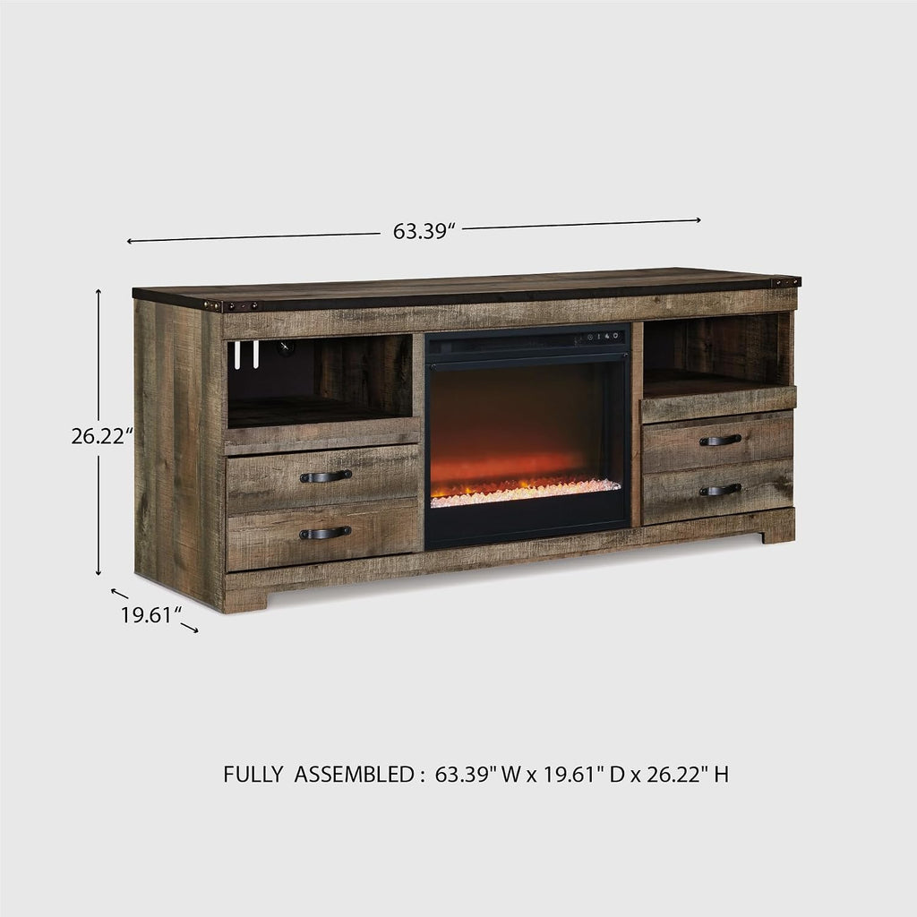 Signature Design by Ashley Trinell 63' TV Stand with Electric Fireplace, Rustic Wood Look Media Console with LED Flame Insert, Storage Drawers and Remote‑Controlled Heat for Warmth