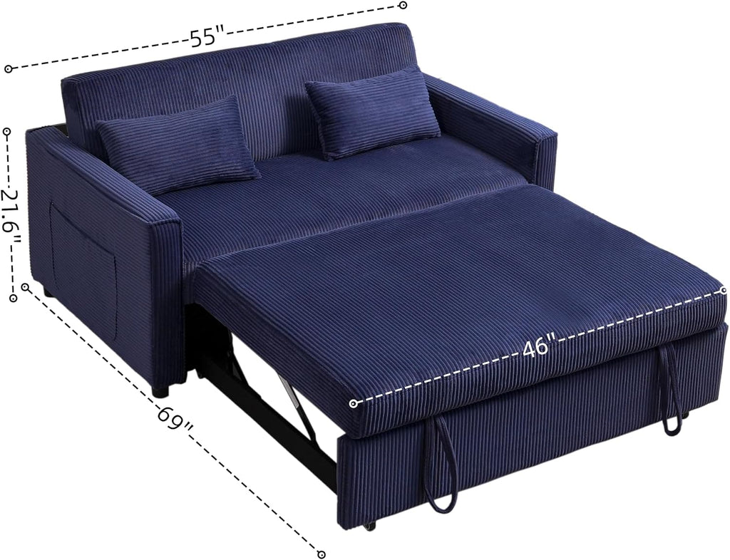 Ball & Cast 55' 3 in 1 Loveseat Futon Sofa-Bed,Convertible Pull Out Couch,Corduroy Upholstered Sleeper Sofa Bed with Adjustable Backrest,Side Pocket and 2 Pillows,Chaise Lounge for Living Room,Blue