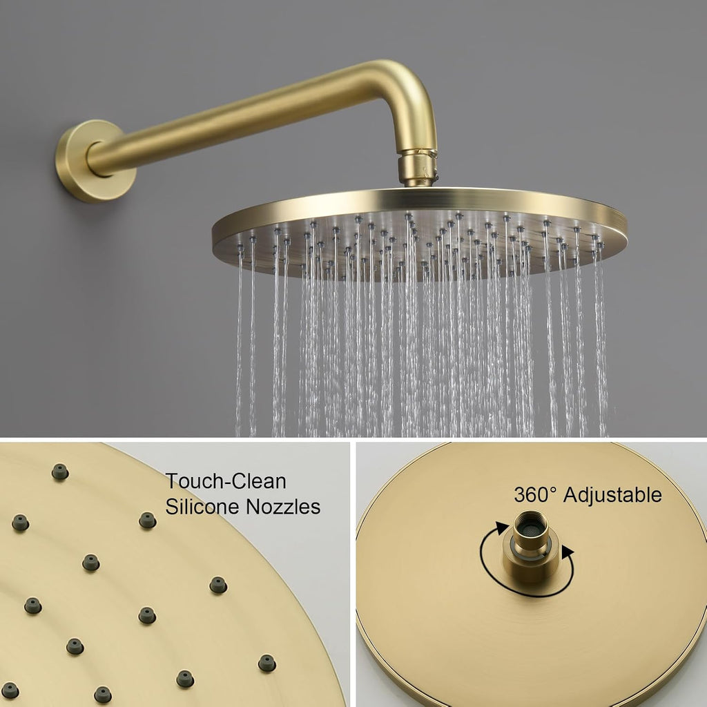 Iriber Shower System Wall Mounted Shower Faucet Mixer Set with Luxury High Pressure Shower head and 3-Setting Handheld, Bathroom Shower Trim Kit Contain Pressure Balance Valve,Brushed Gold