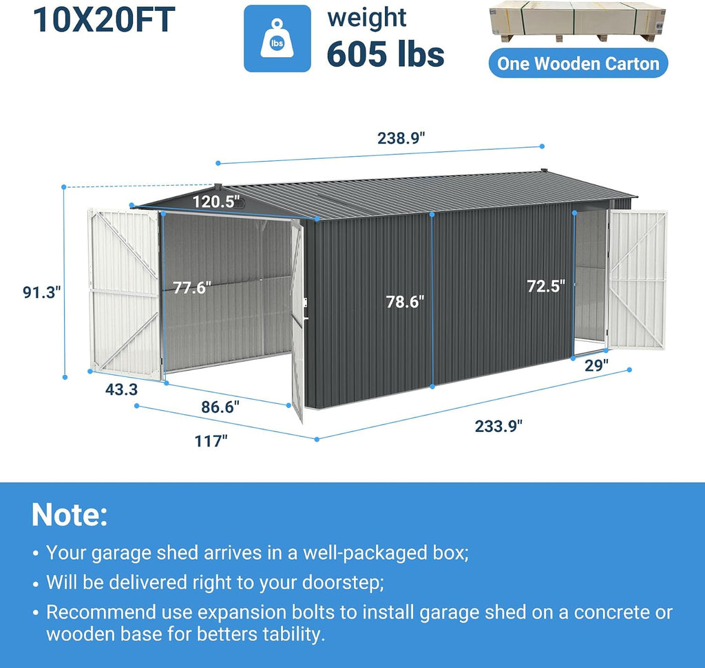 10x20 Ft Outdoor Metal Garage Shed, Extra Large Storage Shed with Double Hinged Doors, Carport for Car, Truck, Bicycle and Garden Equipment, Dark Gray
