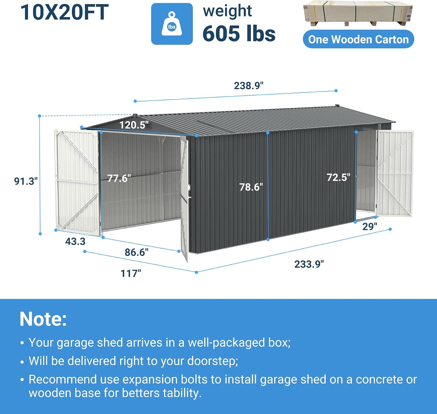 13x20 Ft Outdoor Metal Garage Shed, Extra Large Storage Shed with Double Hinged Doors, Carport for Car, Truck, Bicycle and Garden Equipment, Dark Gray