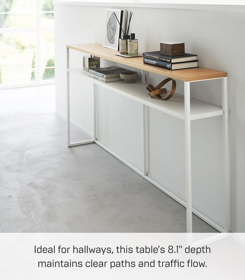 YAMAZAKI Home Tower Long Console Table for Entryway Or Hallways, Narrow Behnd Sofa Table with Wooden Top