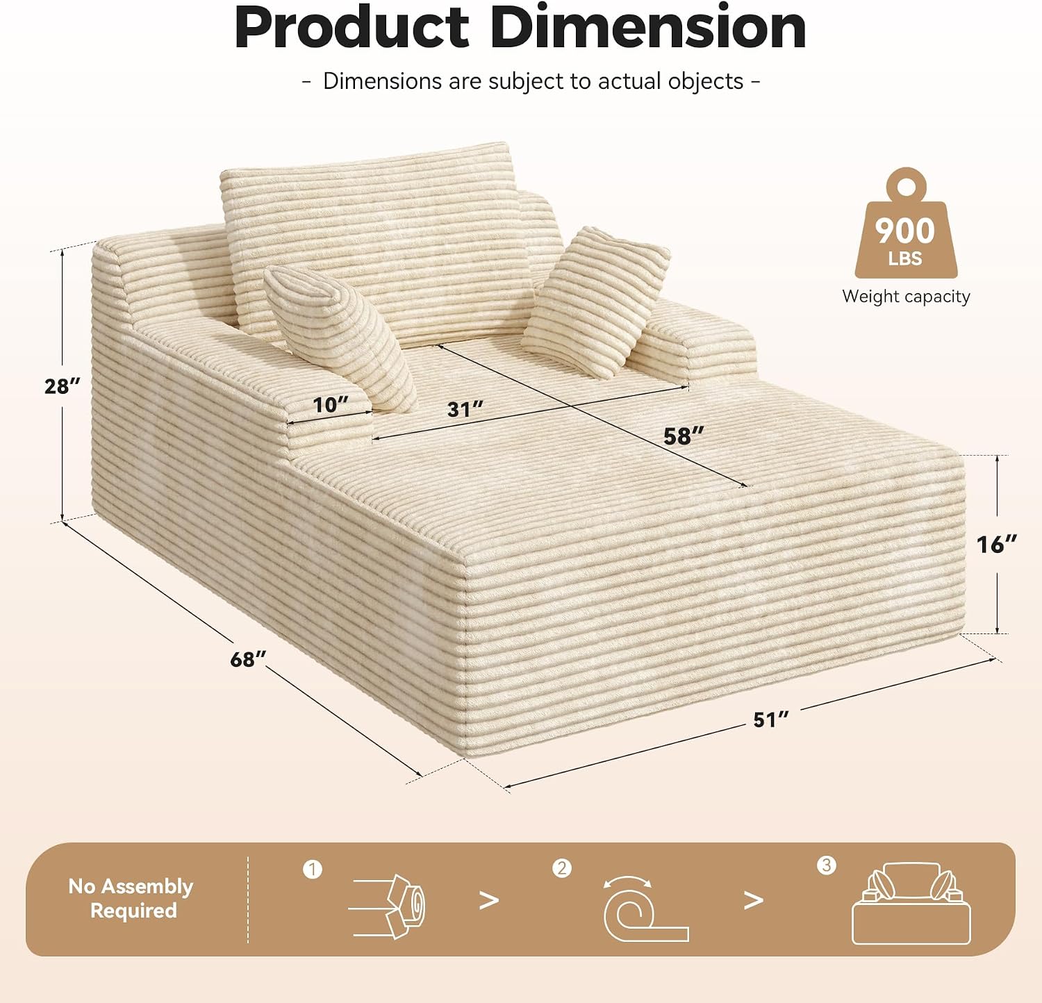 51'' Oversized Chaise Lounge Chair Indoor, Non-Assembly Deep Seat Sofa Bed Corduroy Sleeper Cloud Boneless Couch with 2pcs Pillows for Reading Living Room-Khaki