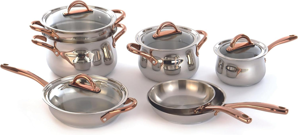 BergHOFF Ouro Gold 16Pc 18/10 Stainless Steel Cookware Set With Glass Lids and Nylon Utensil Set, Rose Gold Handle, PFOA-free, Induction Cooktop Ready, Even Heat