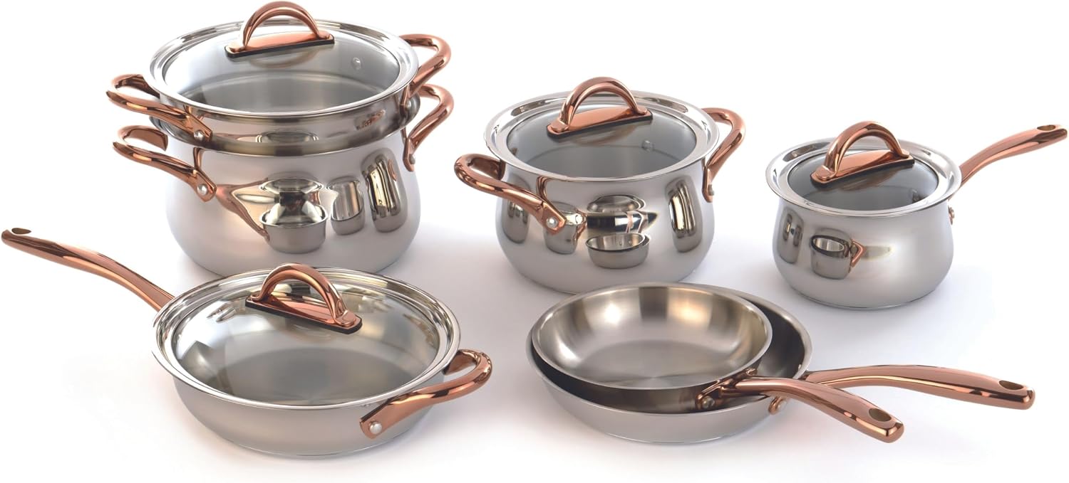 BergHOFF Ouro Gold 16Pc 18/10 Stainless Steel Cookware Set With Glass Lids and Nylon Utensil Set, Rose Gold Handle, PFOA-free, Induction Cooktop Ready, Even Heat