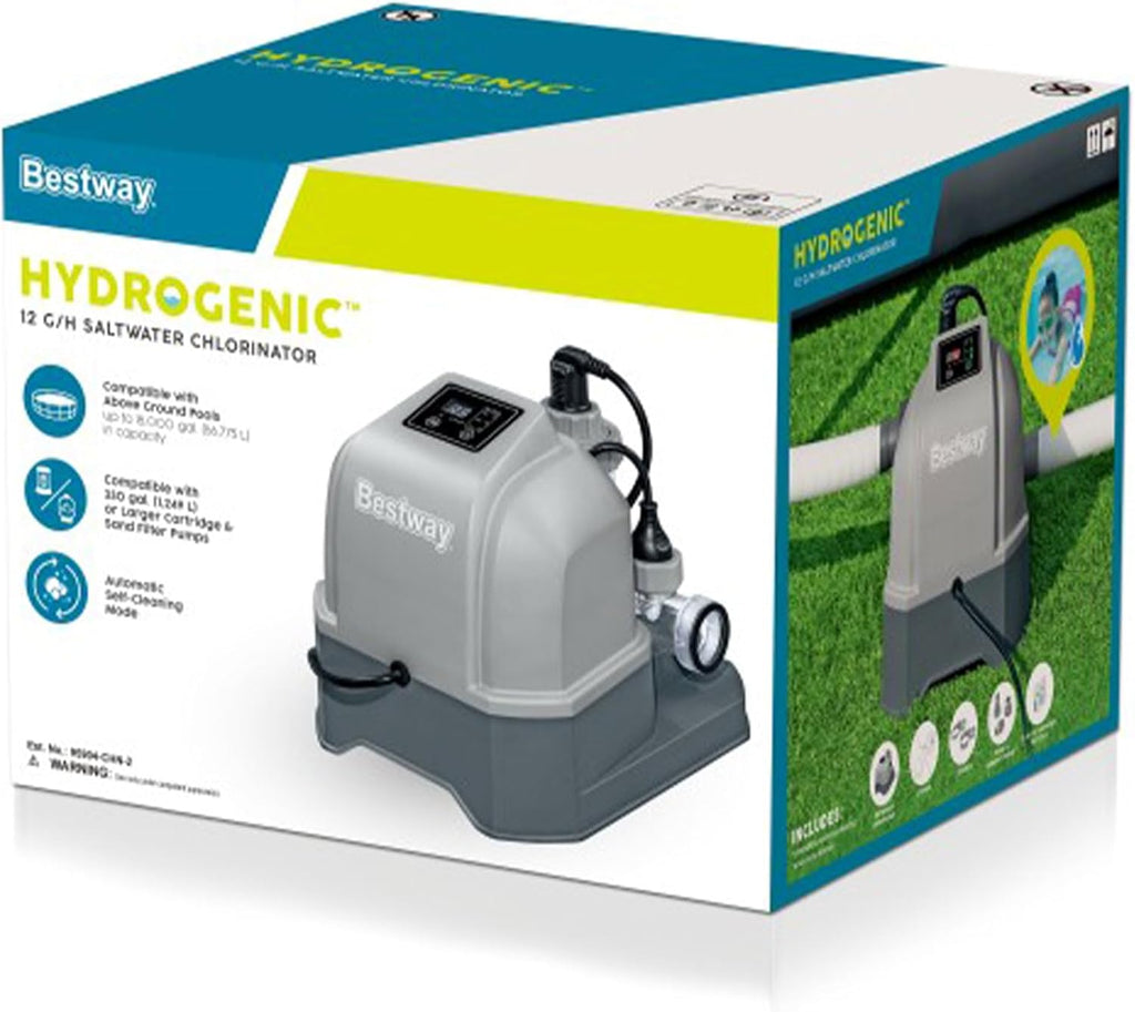 Bestway Hydrogenic 12 G/H Saltwater Chlorinator Automatic Self-Cleaning Mode for 15,000 Gallon Above Ground Swimming Pools with Test Strips