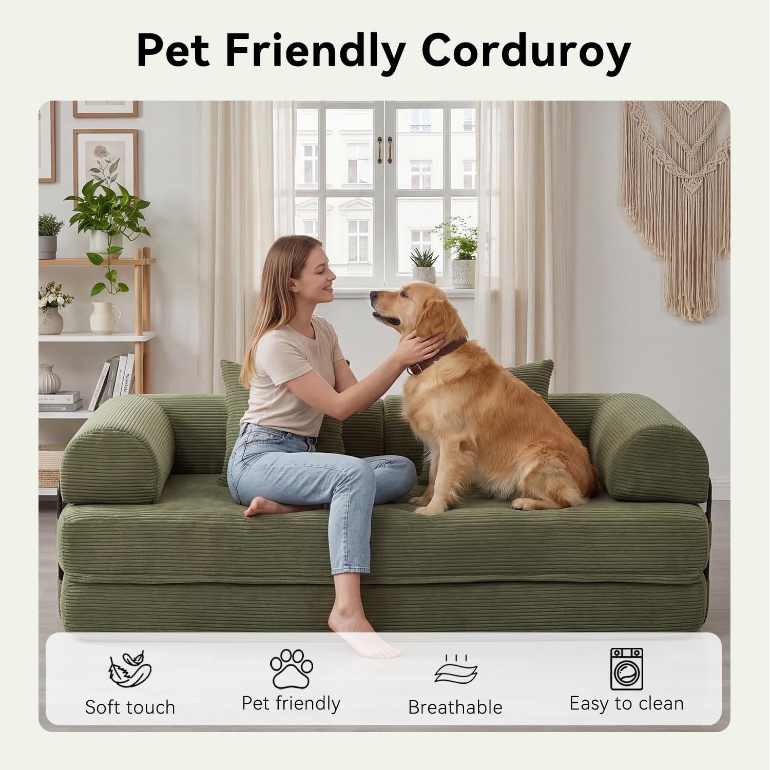 79' Sofa Bed Convertible Boneless Couch Corduroy Modular Couch Bed with Fixed-Shape Frame & Removable Armrests for Living Room, Bedroom (Green)