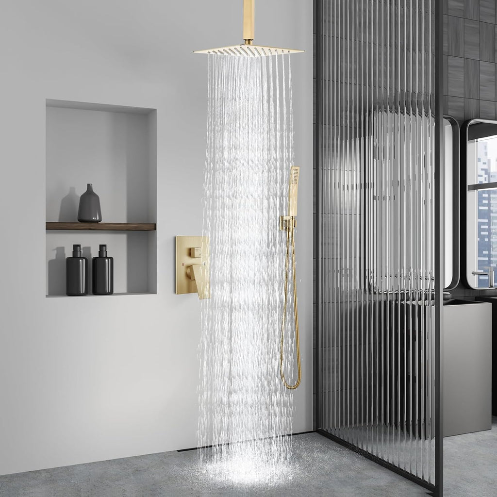 Aolemi Ceiling Mount Shower System Rain Shower Head with Handheld Spray High Pressure Shower Faucet Set Rough-in Valve Shower Trim Kit Included Bathroom Brushed Gold 10 Inch Ceiling Shower Head
