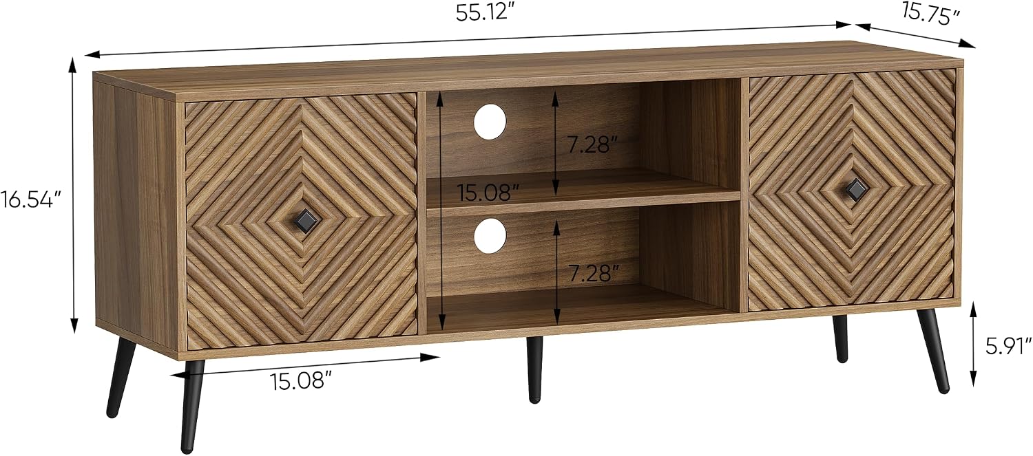 Smuxee Walnut TV Stand with Fluted Diamond Doors, 55.12' Mid Century Modern TV Media Console for TVs up to 65', TV Cabinet with Adjustable Shelf & 2 Cabinets for Living Room