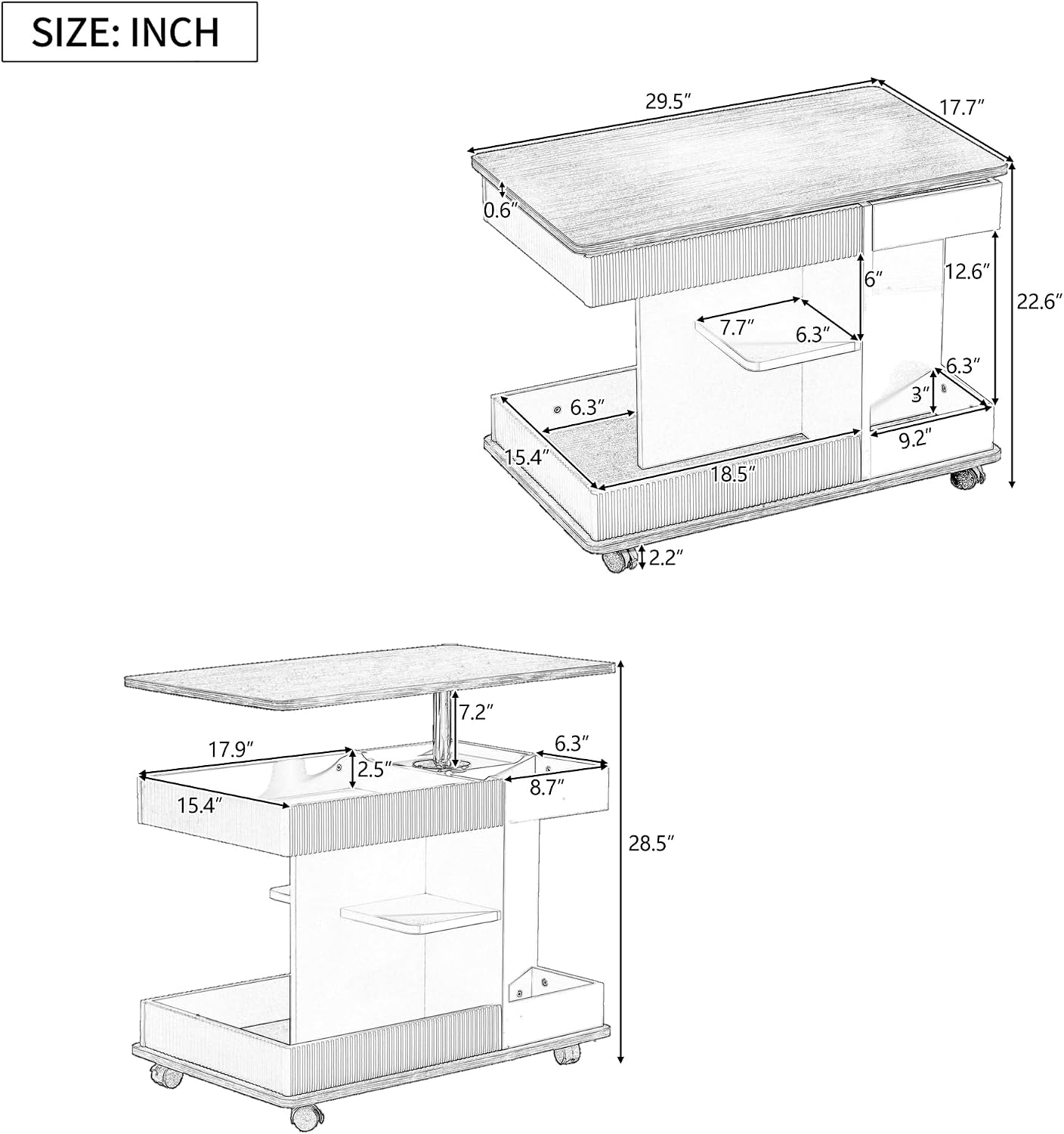 Merax Adjustable End Table with Wheels, Modern Multifunctional Sofa Side Table with Lift-Top, 360°Rotating Top and Storage Space for Living Room, Small Space, Brown+White