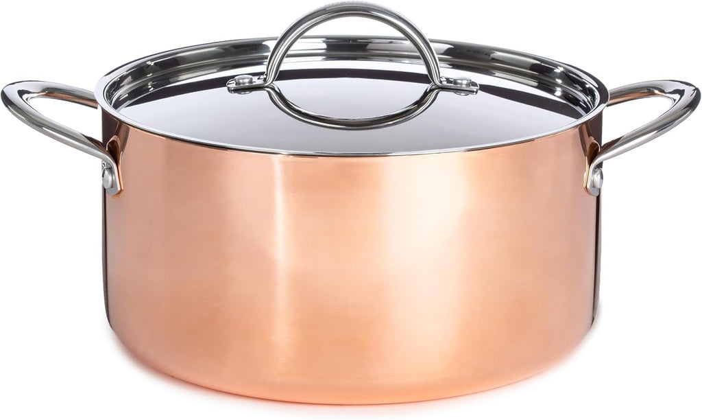 BergHOFF Vintage 15Pc Tri-Ply Copper Cookware Set With Stainless Steel Lids, 10Pc 18/10 Stainless Steel Pots and Pans and 5Pc Bamboo Utensil Set Long Ergonomic Shaped Handle 3-layer Base, Polished