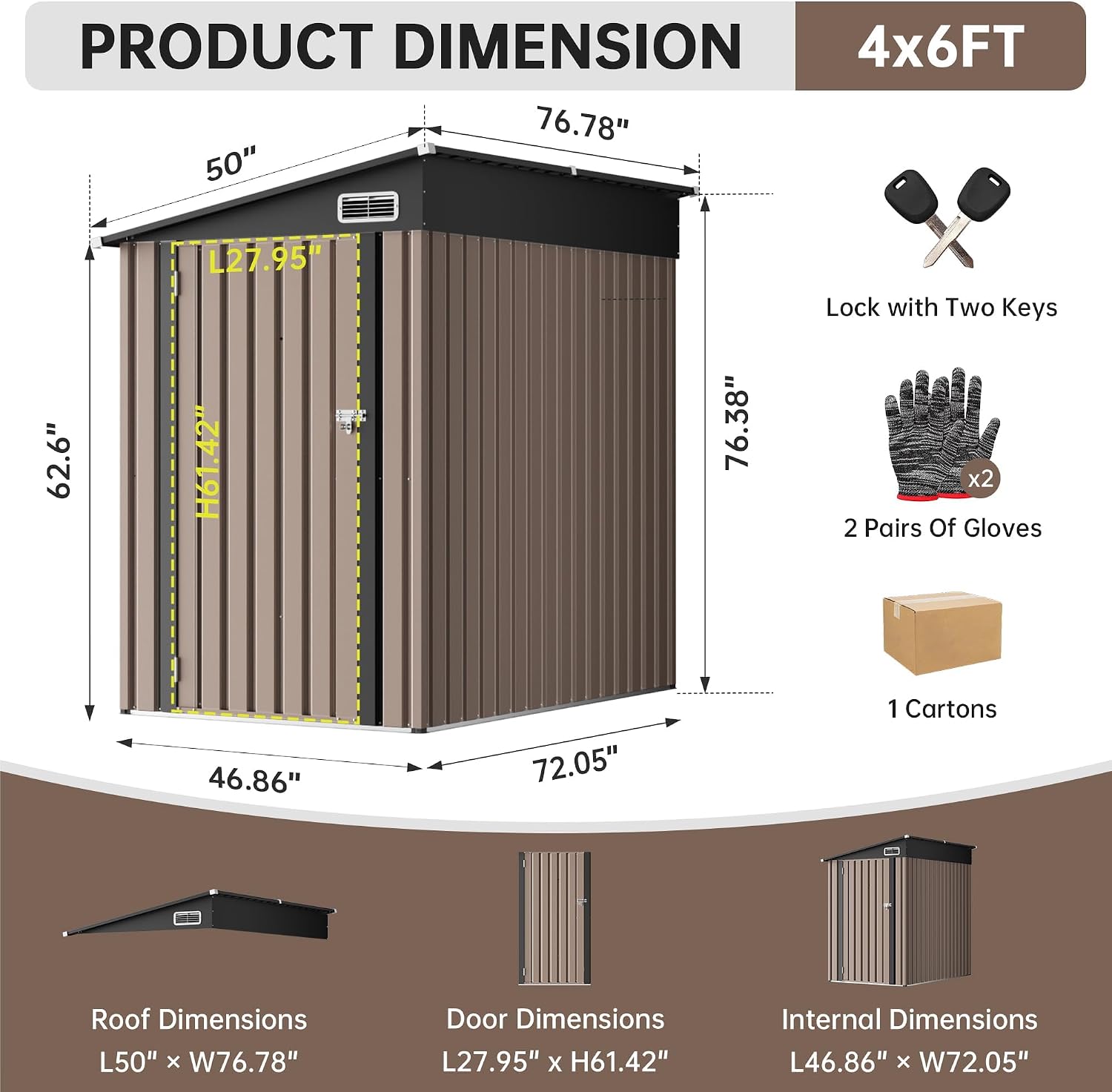 4x6 Lean to Yard Storage Shed, Outdoor Lean to Storage Sheds, Metal Wall Side Bike Shed with Lockable Door for Tool Garden Sheds for Patio Lawn Yard, Brown