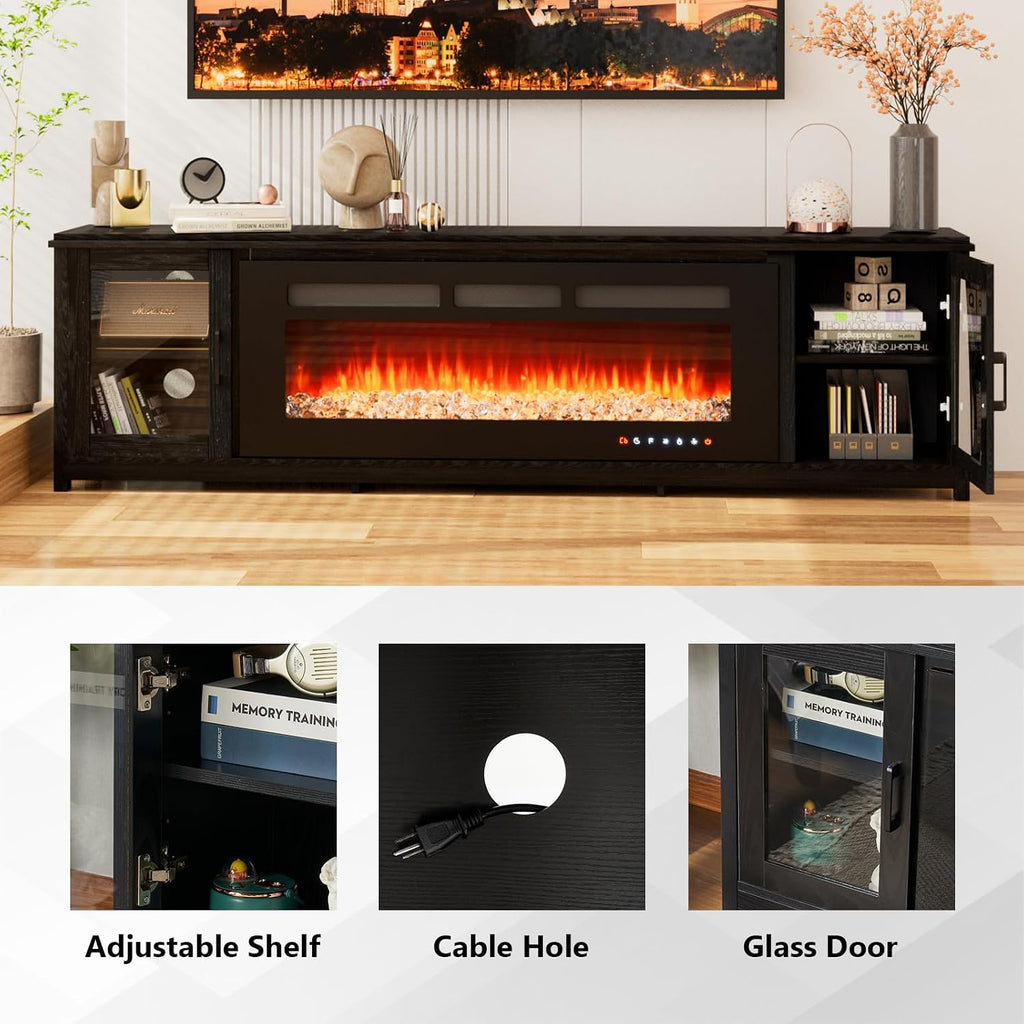 80' Fireplace TV Stand with 50' Smart Fireplace, LED Light Entertainment Center and Storage, Media TV Console for TVs Up to 90',Fire Place TV Stands for Living Room, Black