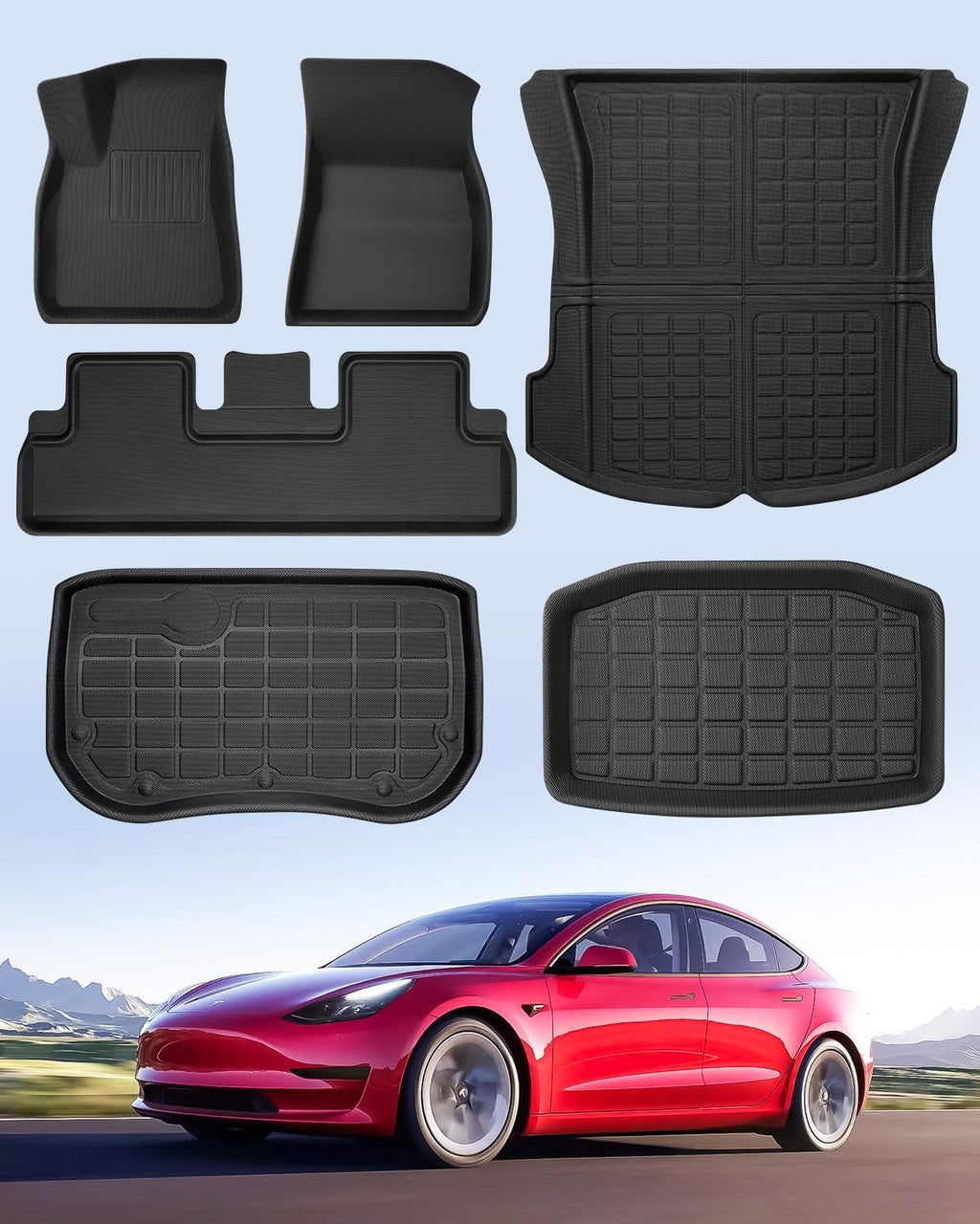 TAPTES for Tesla Model 3 Floor Mats 2020 2019 2018 2017, 6 PCS All Weather Floor Mats Trunk Rear Cargo Liners for Model 3 Accessories 2017-2020 (Before June 2020)
