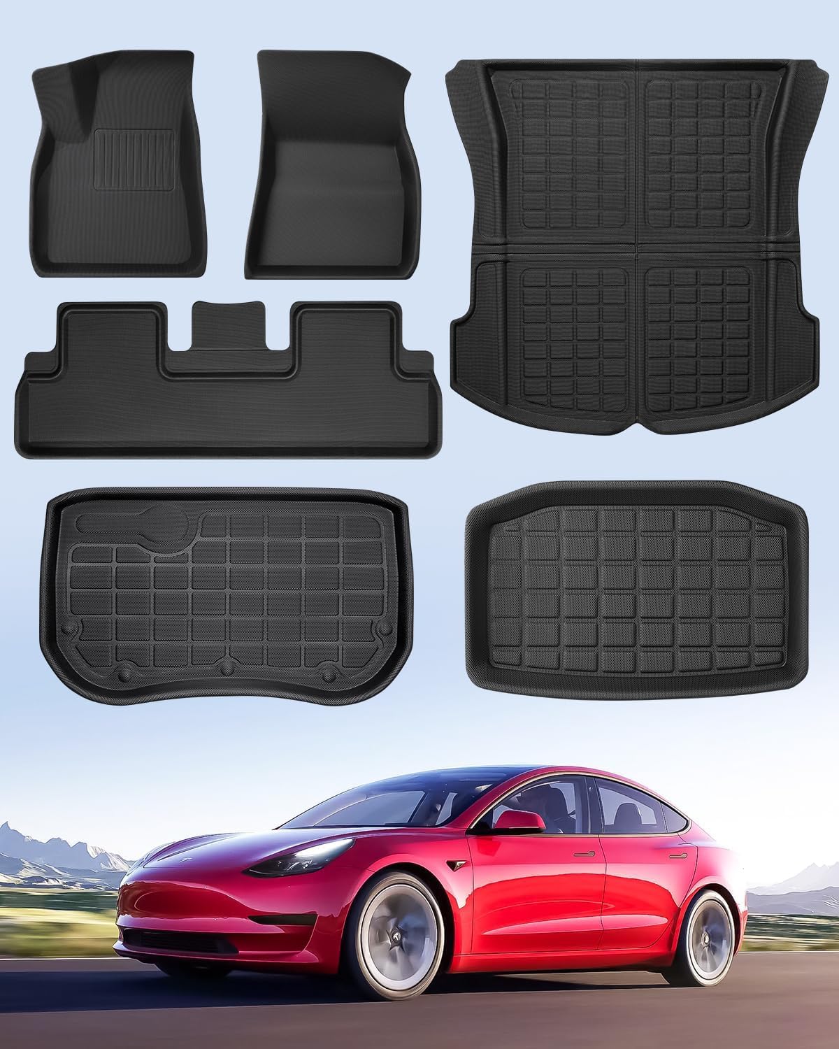 TAPTES for Tesla Model 3 Floor Mats 2020 2019 2018 2017, 6 PCS All Weather Floor Mats Trunk Rear Cargo Liners for Model 3 Accessories 2017-2020 (Before June 2020)