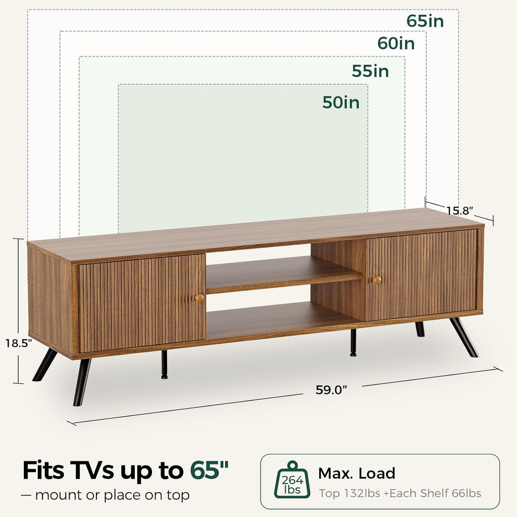 COMHOMA TV Stand for Living Room, Mid Century Modern Entertainment Center for 55/60/65 Inch TVs, Retro Brown TV Console with Fluted Door Cabinets and Open Adjustable Shelve Storage for Bedroom (59In)