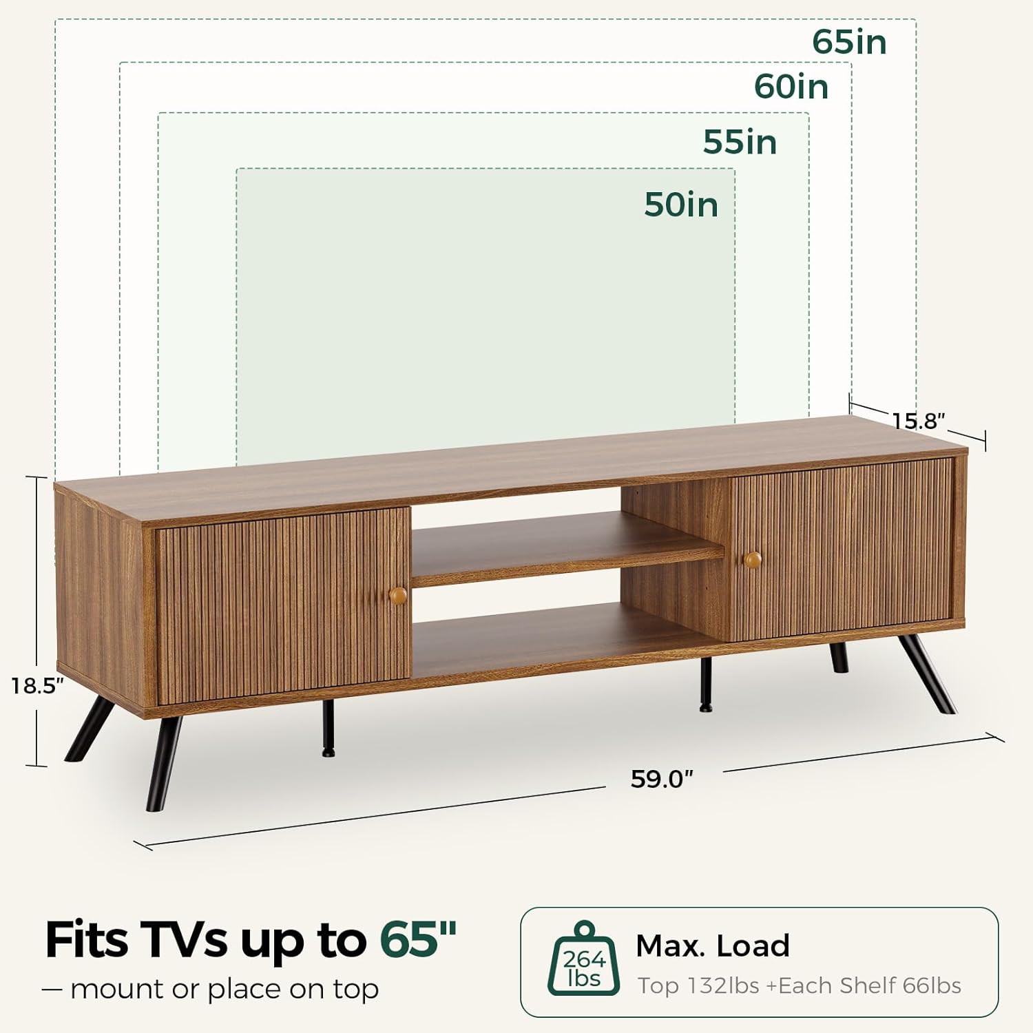 COMHOMA TV Stand for Living Room, Mid Century Modern Entertainment Center for 55/60/65 Inch TVs, Retro Brown TV Console with Fluted Door Cabinets and Open Adjustable Shelve Storage for Bedroom (59In)