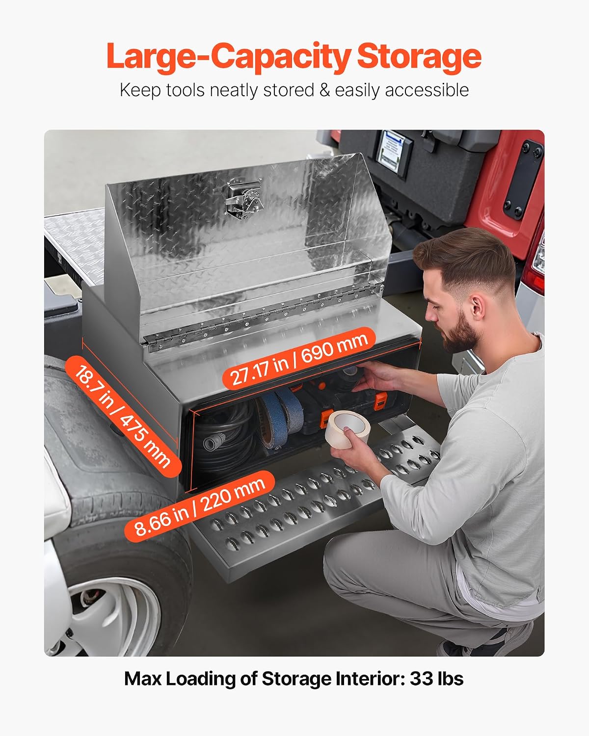 VEVOR Semi-Truck Step Tool Box, 30' x 29.5' x 15.8' Heavy Duty Aluminum Diamond Plate Toolbox, Waterproof Cab Entry Step Storage Box with T-Handle Lock & Keys for Flatbed, Crane, and Semi Trucks
