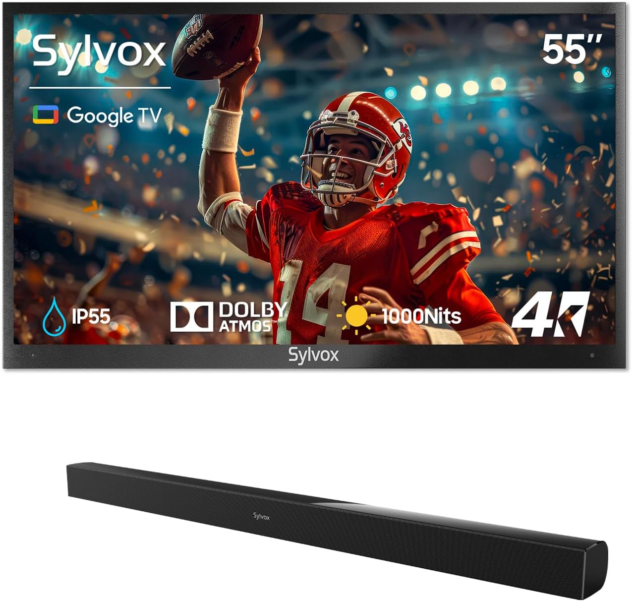 SYLVOX 55' Outdoor TV + S2 Soundbar Bundle, 4K HDR Waterproof Smart TV (Deck Pro 3.0) with 60W Outdoor Soundbar, Bluetooth, 1000 Nits, Voice Remote, for Patio & Backyard