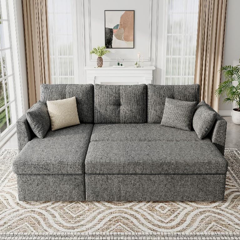 Huatean Home Sleeper Sofa Couch, 2 in 1 Sectional Sleeper Couch Bed with Side Pocket, Pullout Sofa Bed with Storage Chaise for Living Room, Dark Grey